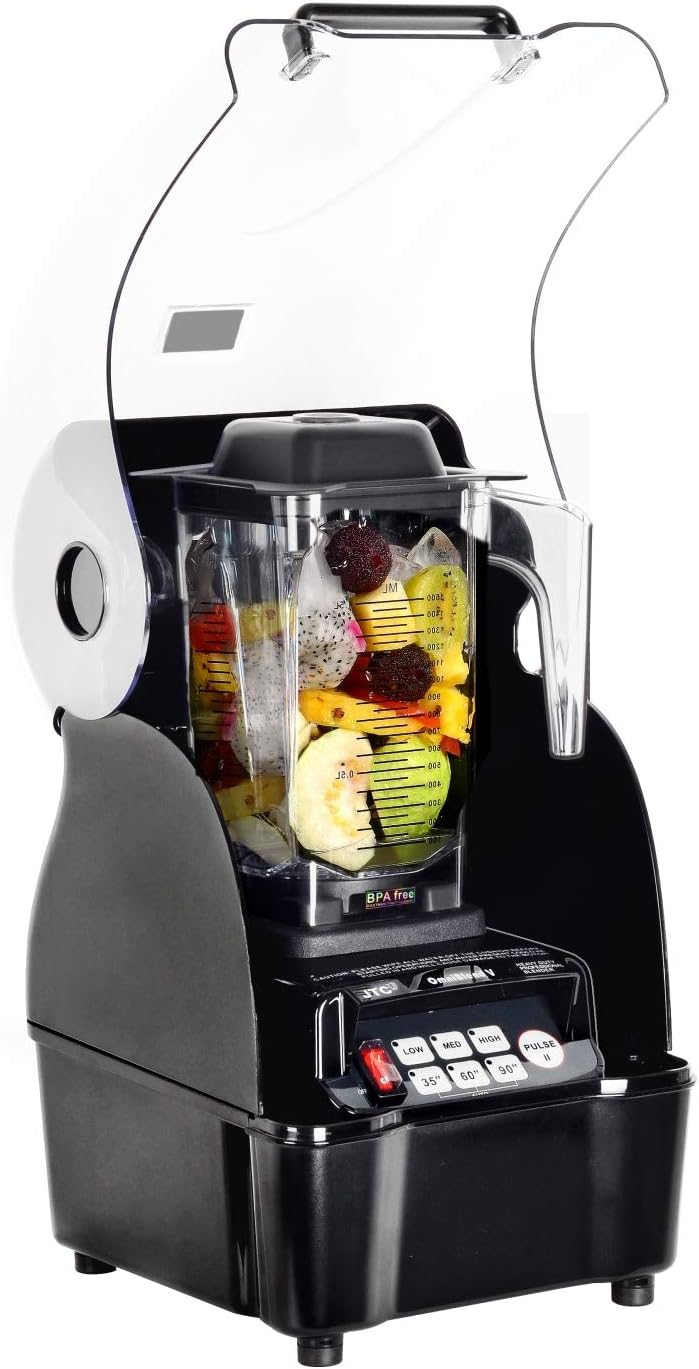 OmniBlend Omni-Q Commercial Blender with Full Sound Enclosure Shield, Quiet Heavy Duty 3-Speed, Self-Cleaning, Includes Multifunctional 2-in-1 Wet Dry Blades, 1.5 Liter Jar (Black)