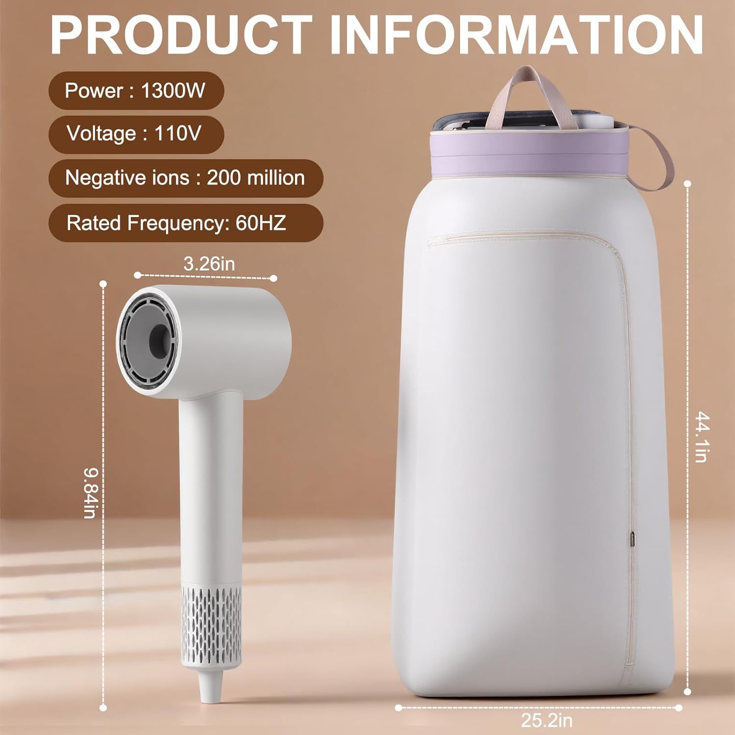 Portable clothes dryer 1300W high-speed dryer and hairdryer in one. Fast-drying for clothes, underwear, and socks, making ideal for use in hotels, travel, camping, dorms, gyms, apartments (White)