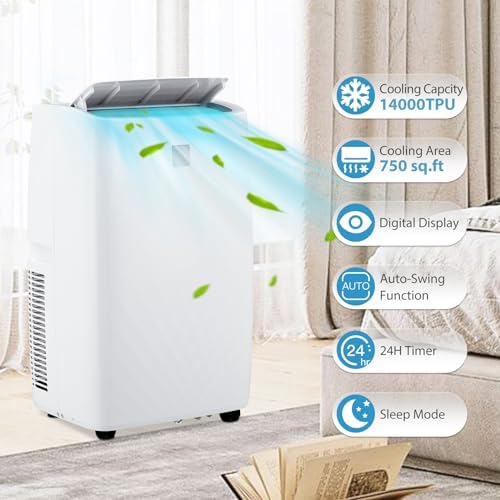 Portable Air Conditioner 14,000 BTU with Built-In Dehumidifier - Portable AC Unit for Rooms Up to 750 Sq Ft - Sleep Mode, Swing Fan, 24H Timer, Remote Control, Window Kit