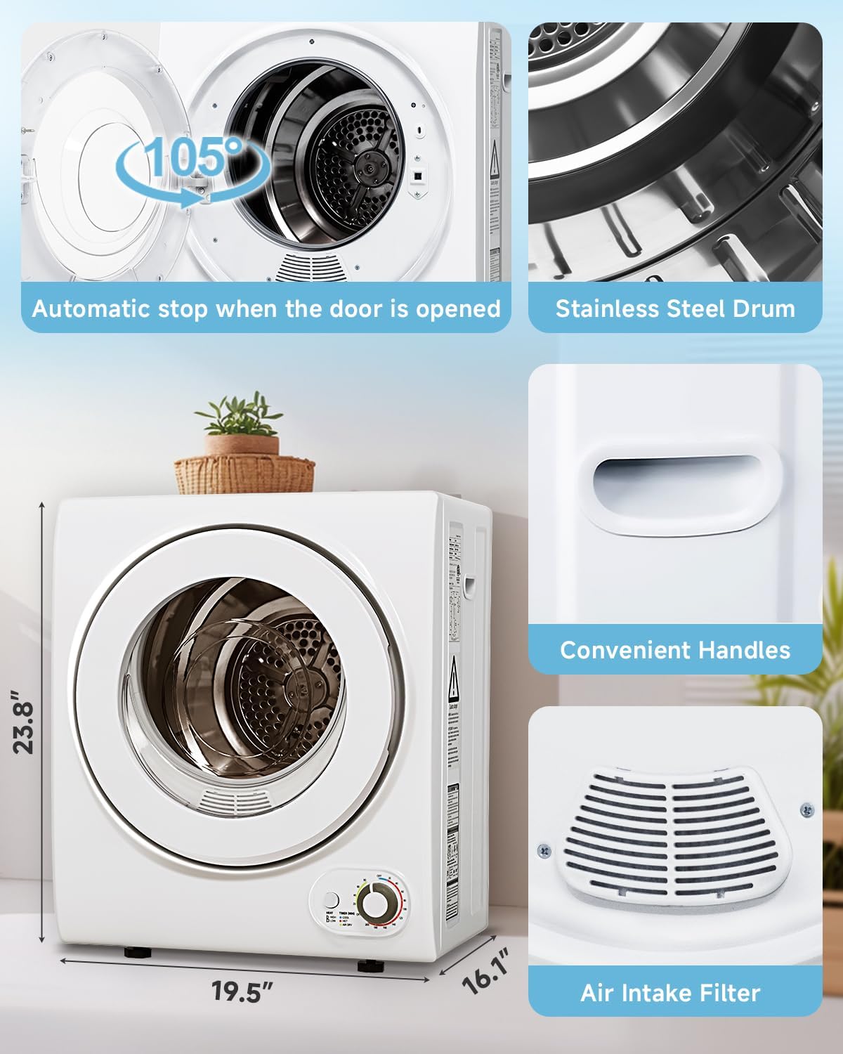 110V Portable Dryer – 850W Compact Clothes Dryer with 4 Automatic Drying Modes, Stainless Steel Tub, Simple Control Knob for Apartments, Dorms & Small Spaces