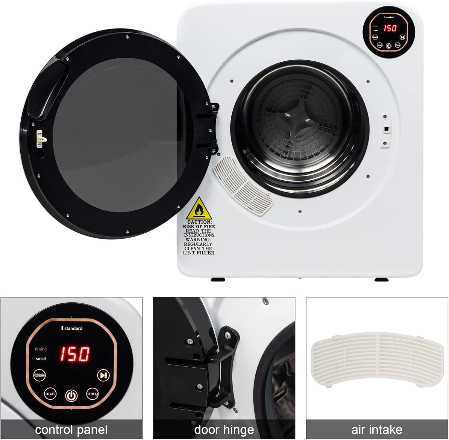 Portable Laundry Dryer, Compact Laundry Dryer for Clothes, 13.2LB Front Load Stainless Steel Clothes Dryers W/Exhaust Pipe, LCD Control Panel, 1300W For Apartment, RV, Home, Dorm