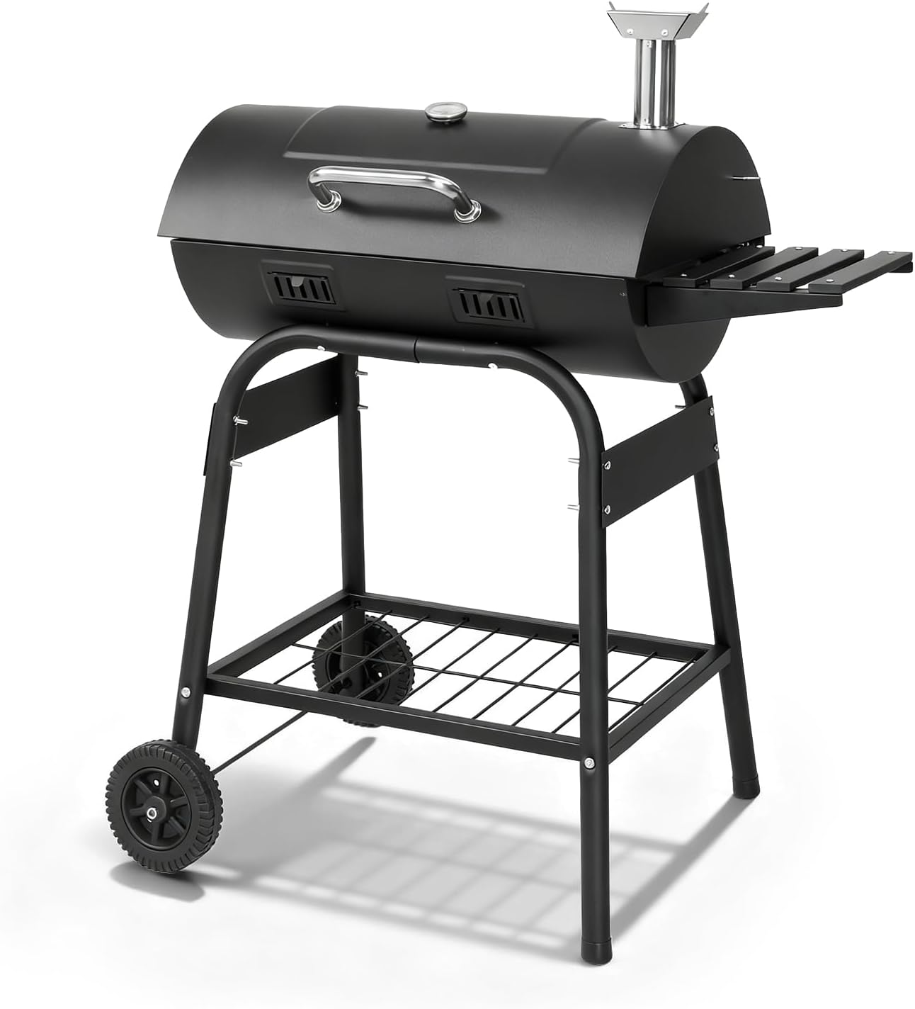 Outvita Barrel Charcoal Grill with Warming Rack, Outdoor BBQ Grill with Side Front Table with Spacious Cooking Grid Area for Backyard Patio Picnic Parties Camping, Black
