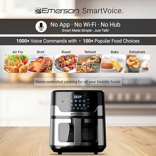 Emerson SmartVoice 5.3QT 6-in-1 Air Fryer, 1000+ Voice Control Commands, 100+ Recognized Food, No APP, No WIFI, No Setup, Nonstick Basket, Air Fry, Bake, Reheat, Dehydrate, 1500W