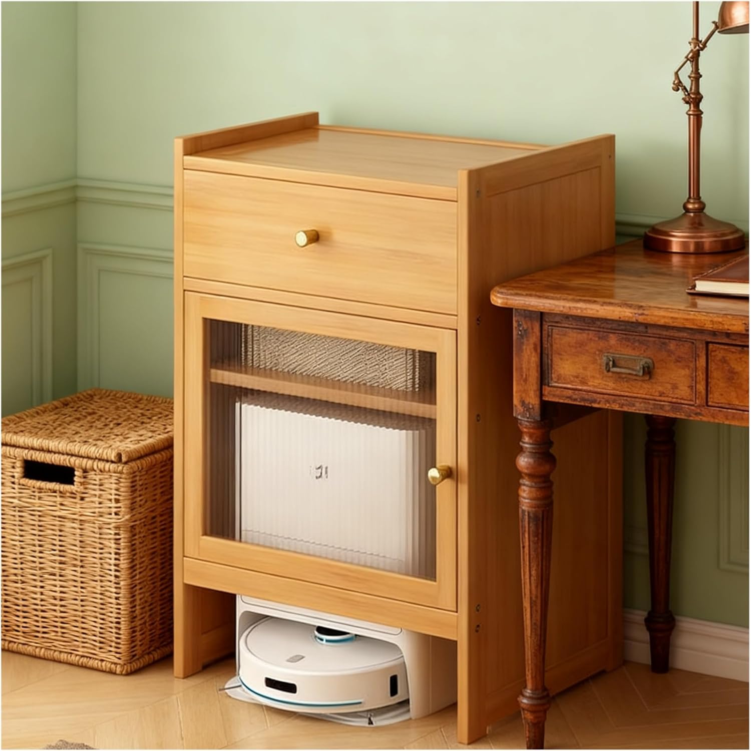 Modern Robot Vacuum Storage, Robot Vacuum Storage Side Table End Table Freestanding Rack for Living Room, Bedroom, Bathroom, Balcony(Natural)