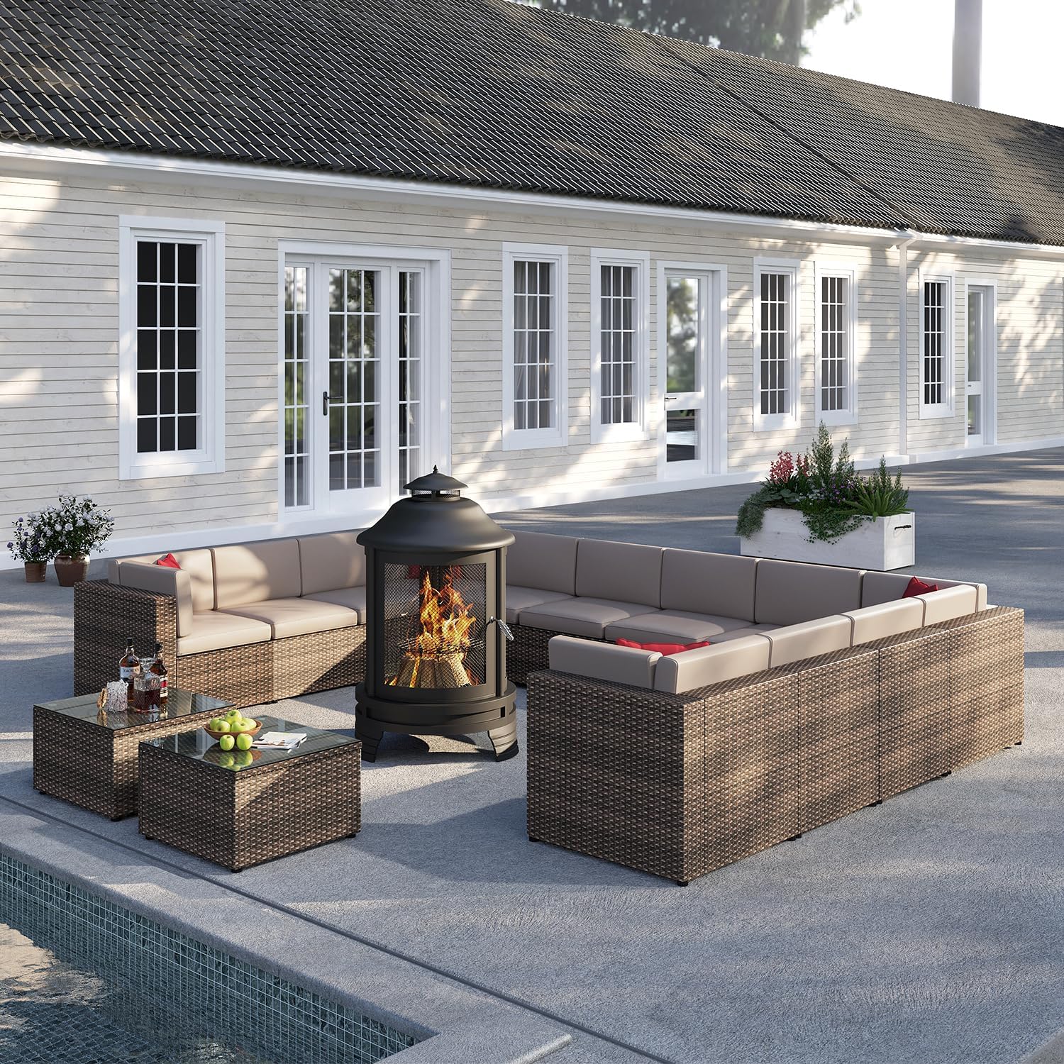 oneinmil 15-Piece Outdoor Furniture Set, with Large Fire Pit Chiminea, 2 in 1 Fire Pit for Outdoor, Wicker Rattan Sectional Conversation Set, and Coffee Table