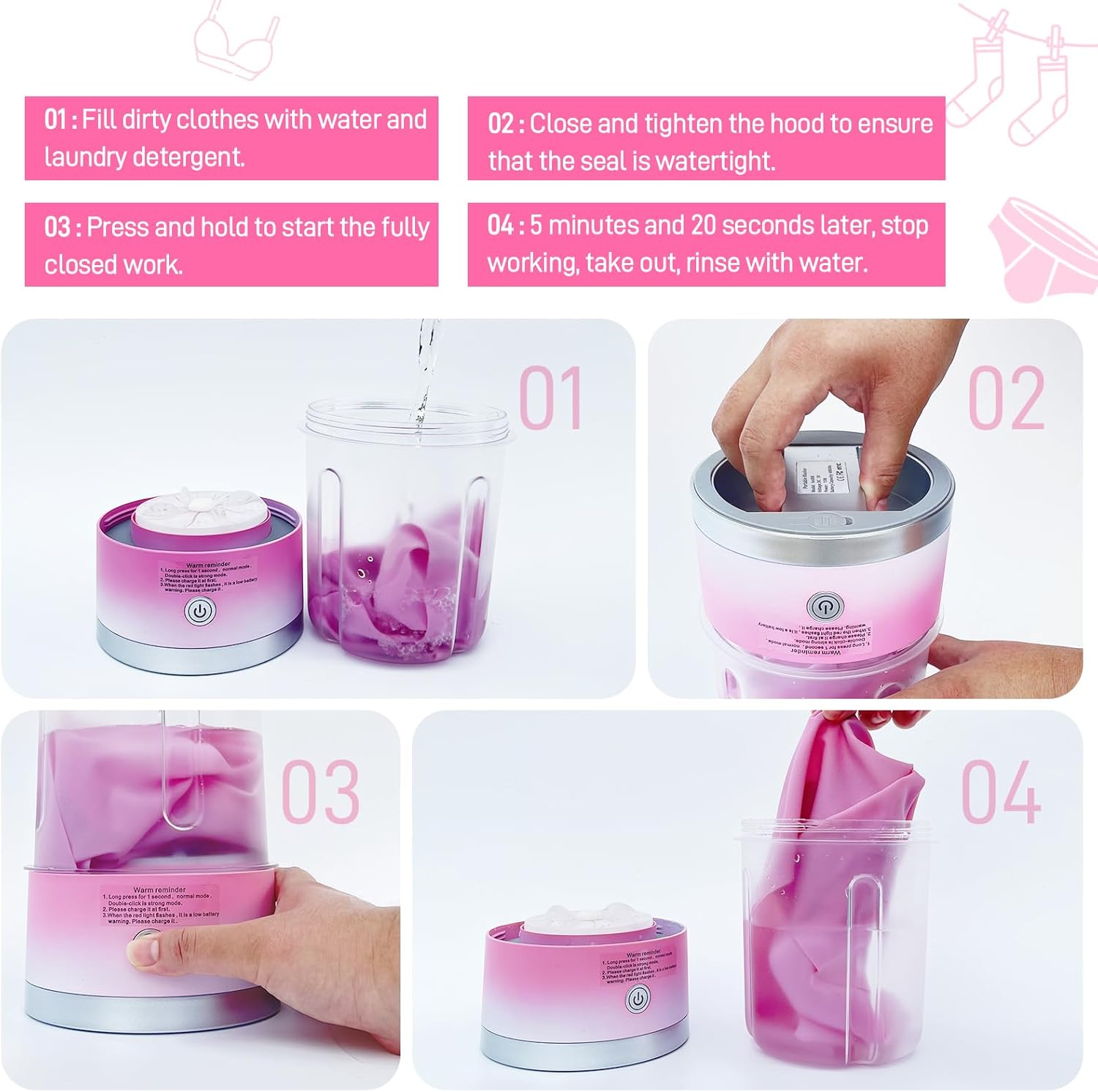 Portable Mini Washing Machine | Compact Deep Cleans Underwear, Baby Clothes, Small Laundry | Lightweight for Apartment, Dorm, Hotel, Travel & Camping | Quiet Energy-Efficient (Pink)