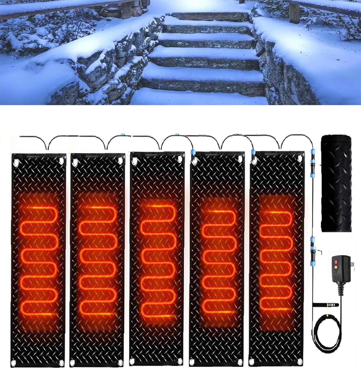 Heated Snow Melting Mats for Entrances 1/2/3/4/5 pcs No-Slip Heating Stair Heating Mats, USB Series Connection, for Winter Snow Removal Non-Slip Heated Entrances(5 Pcs,10x48in/(25.4x121.9 cm))