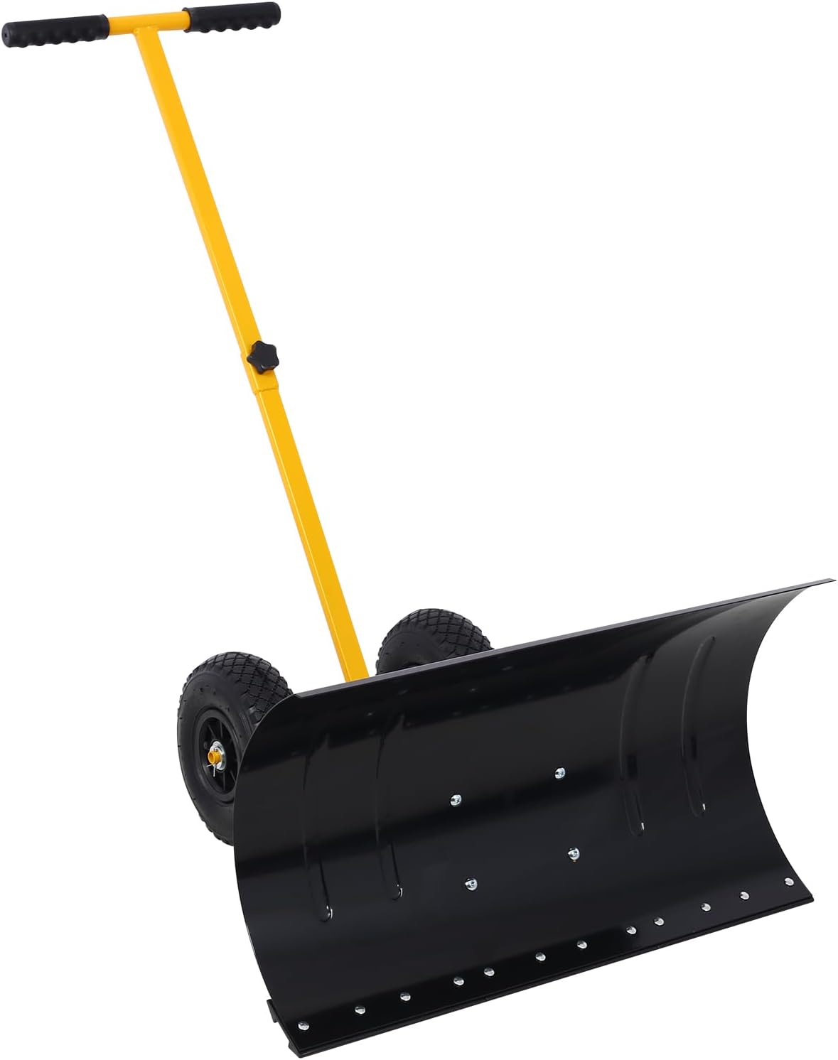 Snow Shovel with Wheels for Driveway, Snow Pusher with Ergonomic Single Rod Handle, 29”x16.5” Angled Blade, Non Slip Tires, Heavy Duty Steel Snowplow, Yellow