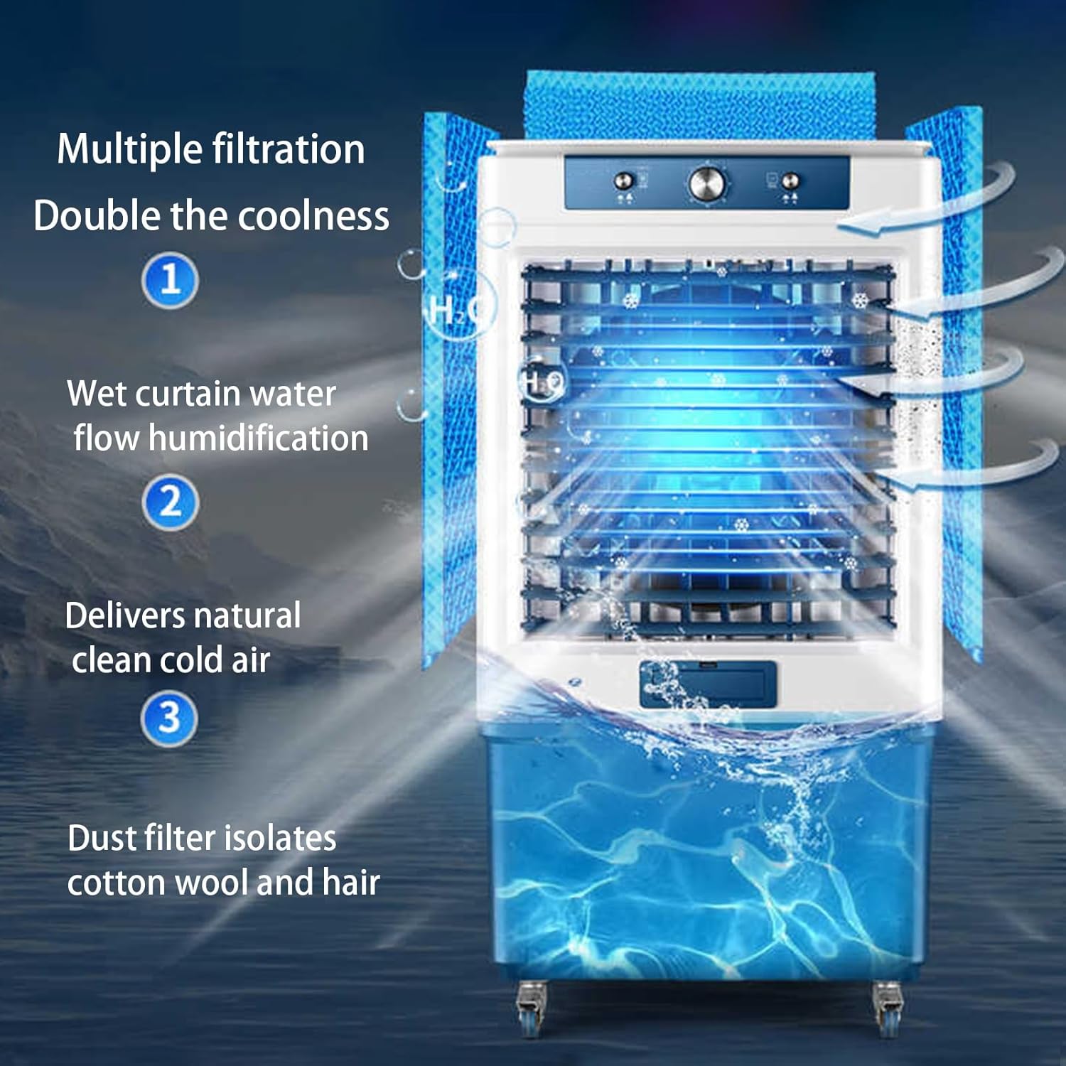 Evaporative Air Cooler, Portable Air Conditioners with Water Tank and 3 Speeds, 3 in 1 Fast Cooling Fan for Room Office Garage