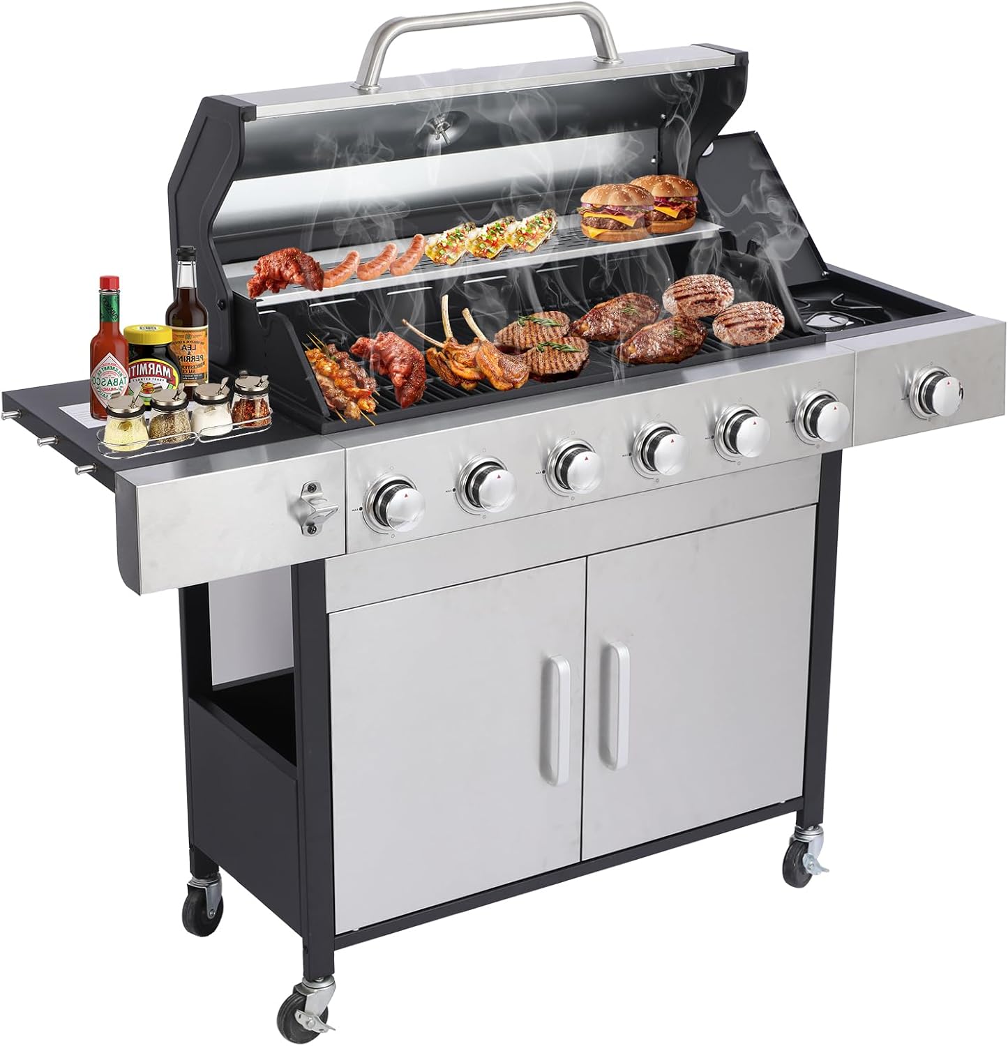 CIG GARDEN 6 Burner Propane Gas Grill With Side Burner,3 in 1 Gas BBQ Grill,73000 BTU Outdoor Barbecue Propane Griddle Grill combo for Camping, Patio, Backyard