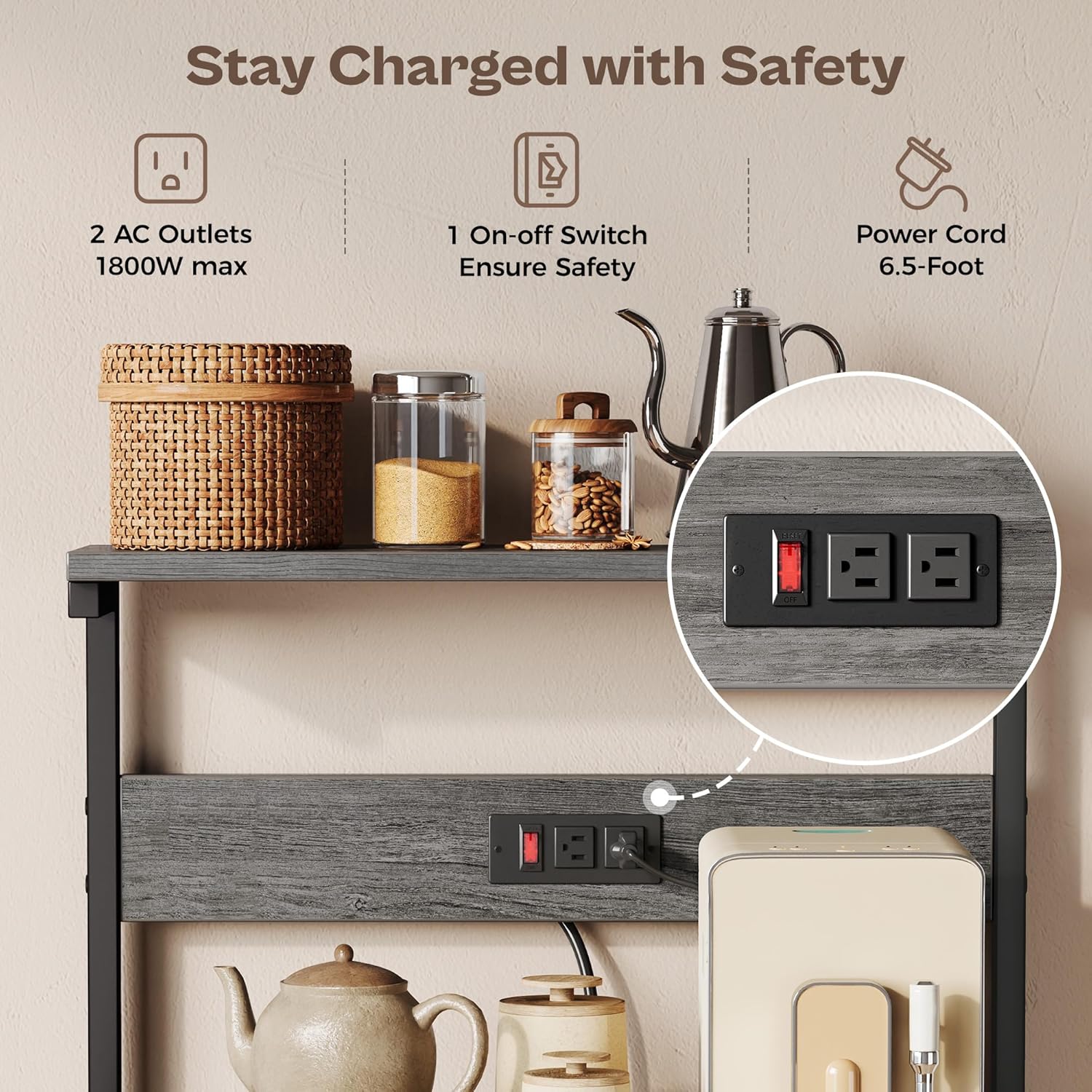 SUPERJARE Kitchen Bakers Rack with Power Outlet, Coffee Bar Table 4 Tiers, Kitchen Microwave Stand with 6 S-Shaped Hooks, Storage Shelf Rack for Spices, Pots and Pans - Charcoal Gray