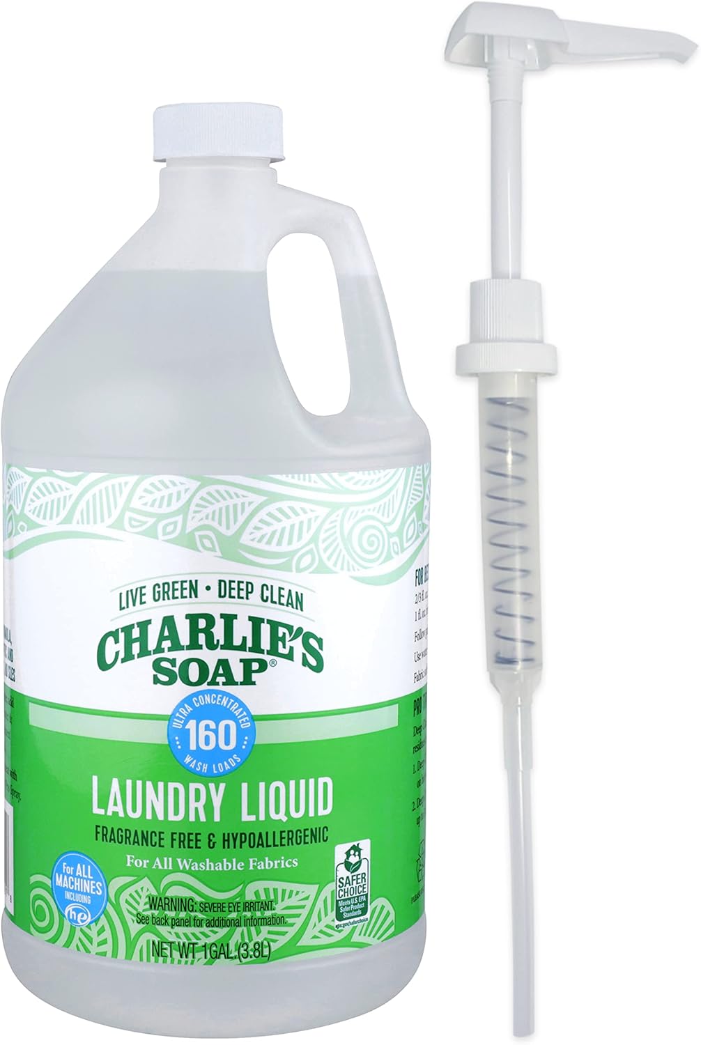 Charlie’s Soap Laundry Liquid with Pump (160 Loads, 1 Pack) Natural Deep Cleaning Hypoallergenic Laundry Detergent – Eco-Friendly, Safe and Effective