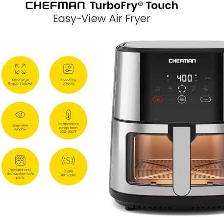 CHEFMAN Easy-View Air Fryer – 8 Qt Family Size with Viewing Window, One-Touch Digital Control with 4 Presets, Nonstick & Dishwasher Safe, Broil, Roast, Dehydrate, Bake, Auto-Shutoff, Stainless Steel