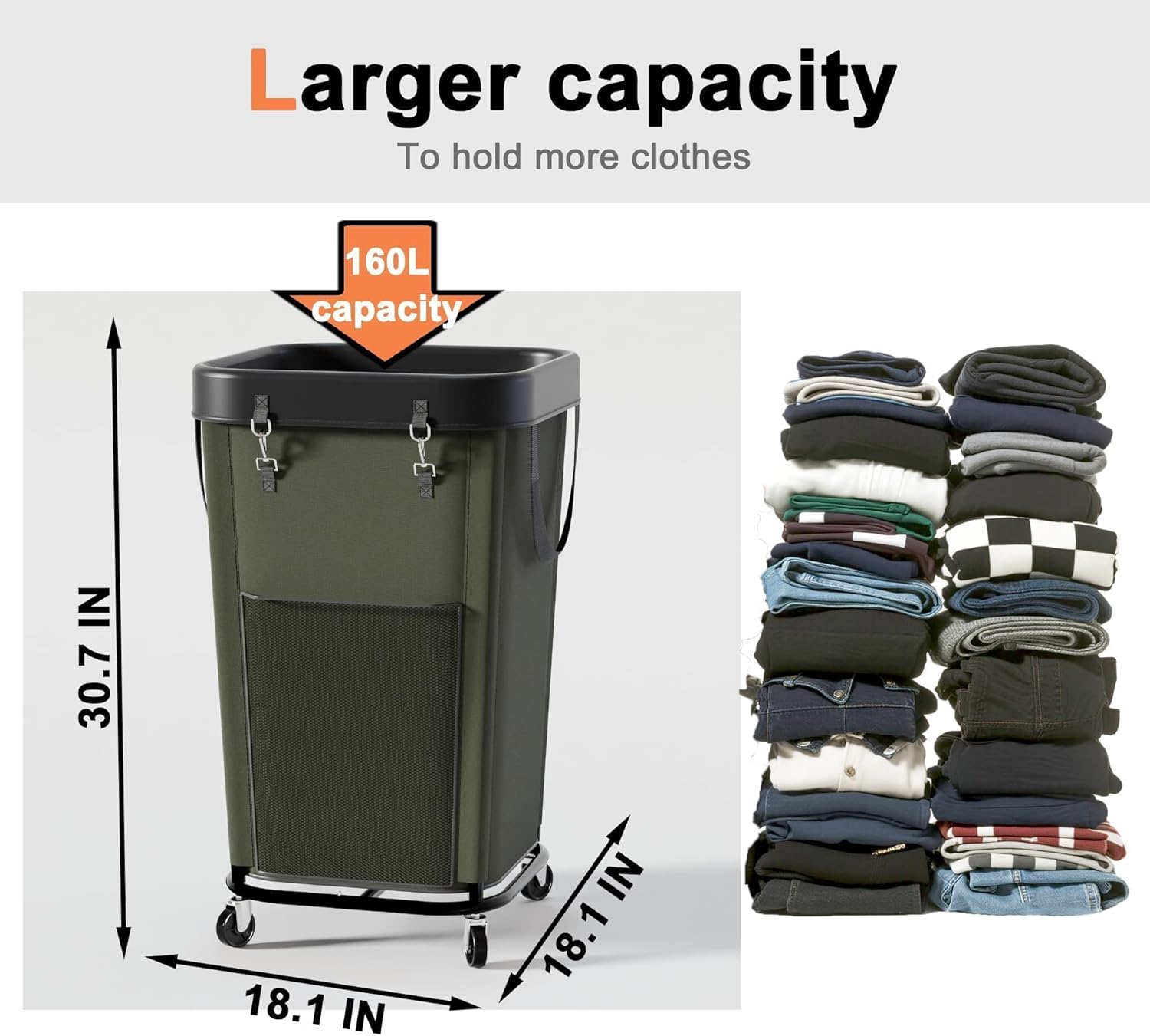 Laundry Hamper Laundry Basket with Wheels, Large Capacity Dirty Clothes Basket with Wheels, Suitable for Bedrooms, Bathrooms and Laundry Rooms (Green, 160L)