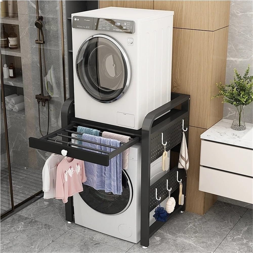 Galvanized Iron Washer Shelf, Washer Dryer Stacking Kit with Pull-Out Sliding Plate, Washing Machine Stand, for Bathroom Laundry Room(Black)