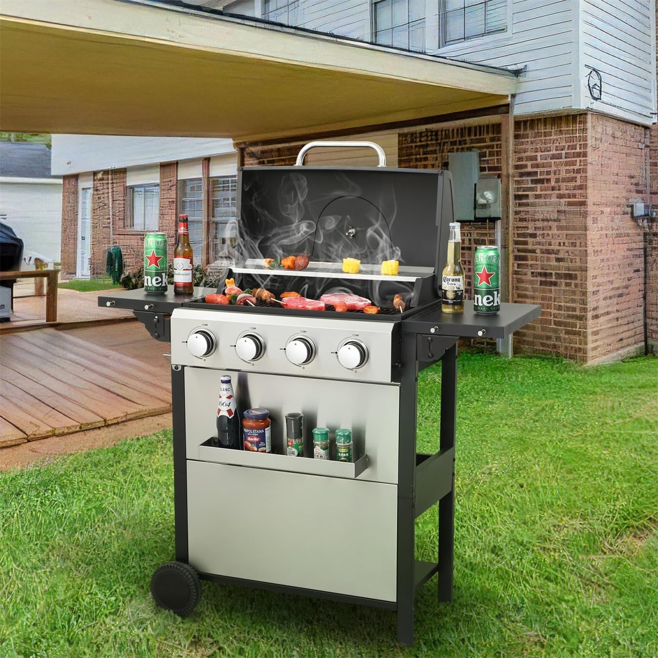 3/4-Burner Propane Gas BBQ Grill with Warming Rack, Stainless Steel Gas Grill with Wire Enamel Cooking Grids & Foldable Side Table for Outdoor Barbecue Cooking(4-Burner 34200BTU)