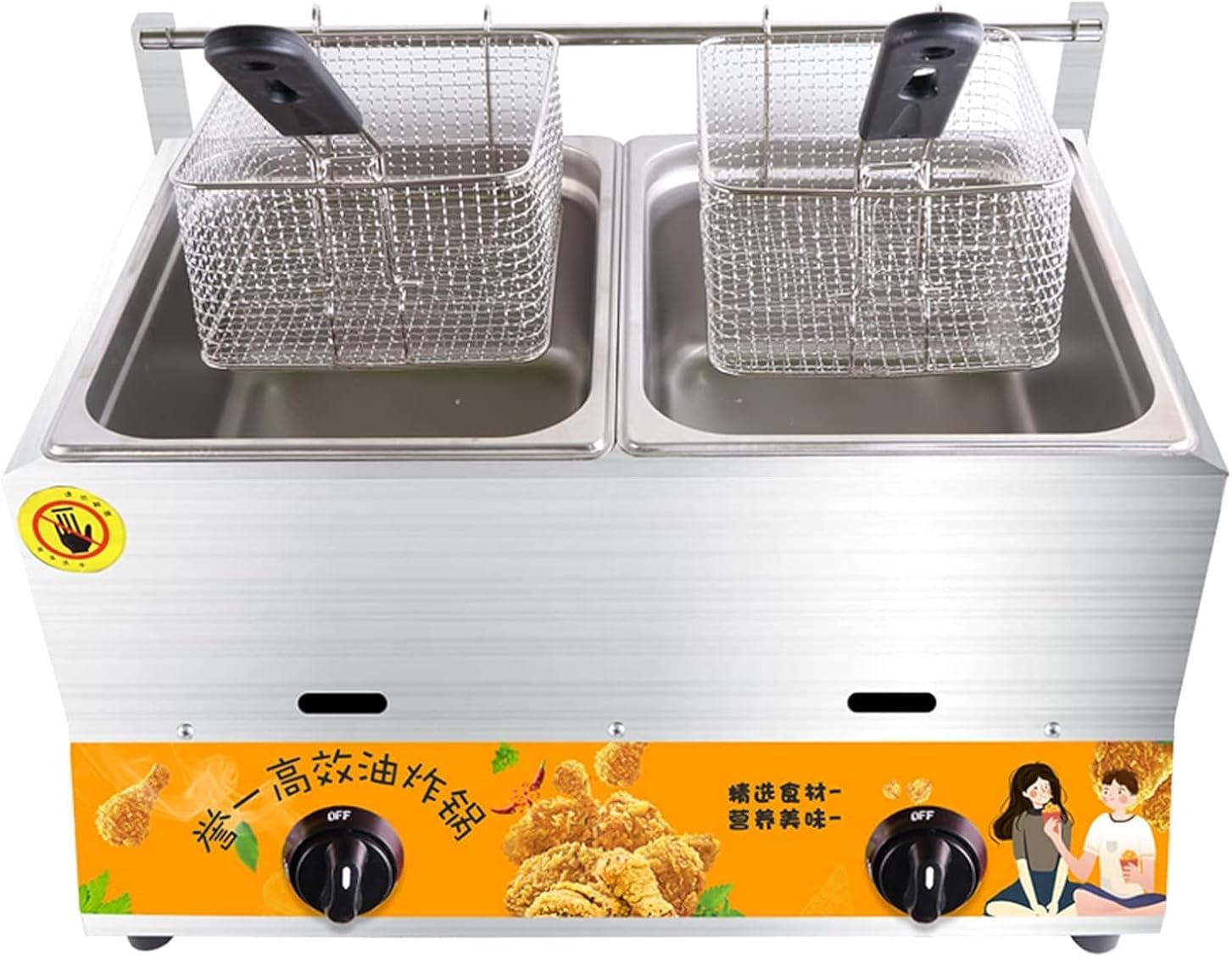 Large Propane Gas Fryer with Basket - Stainless Steel Outdoor Deep Fryer for Kitchen & Restaurant, Ideal for Fast Food, Double Cylinder Design, Lid Included