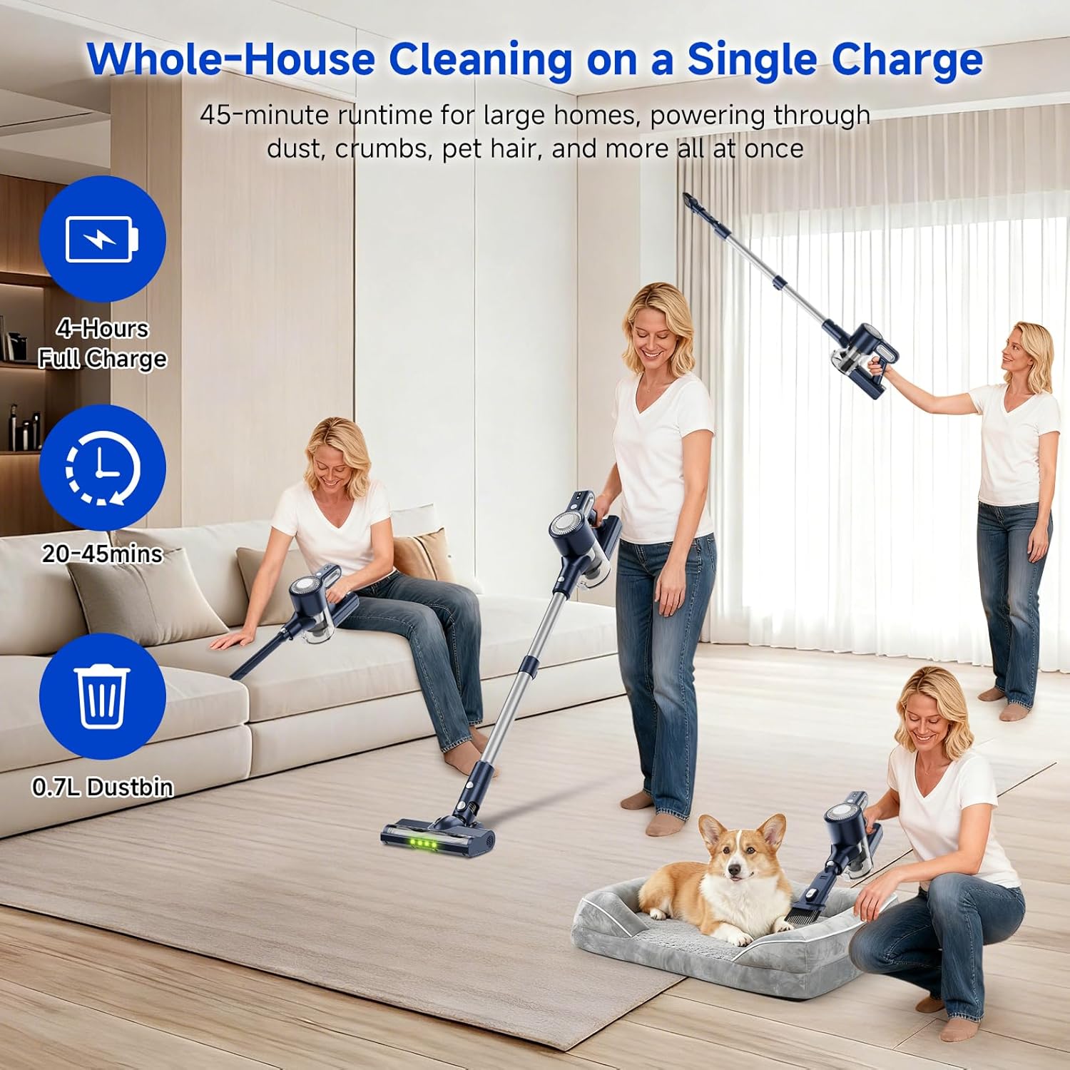 Cordless Vacuum Cleaner, Powerful Suction Vacuum Cleaners for Home, Anti-Tangle Pet Hair Brush, Lightweight, Self-Standing, Green LED Headlight, 6-in-1 Stick Vacuum for Carpet Hardwood Floor
