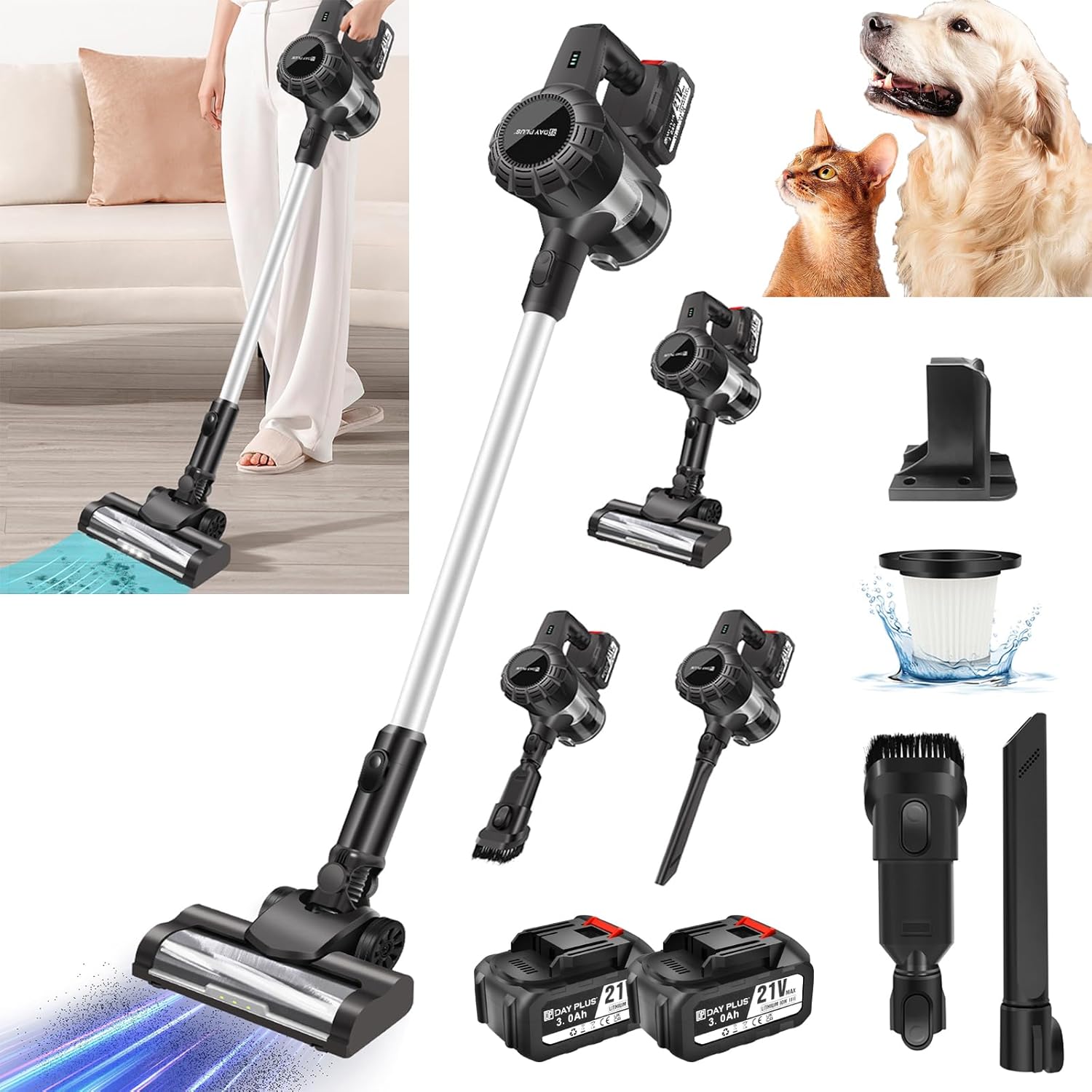 Cordless Vacuum Cleaner for Home | 15Kpa Powerful Stick Vacuum | Brushless Motor | 2*3.0Ah Long Runtime Detachable Battery | 2 Suction Modes | Lightweight Vacuum Cleaner for Pet Hair/Carpet/Hard Floor