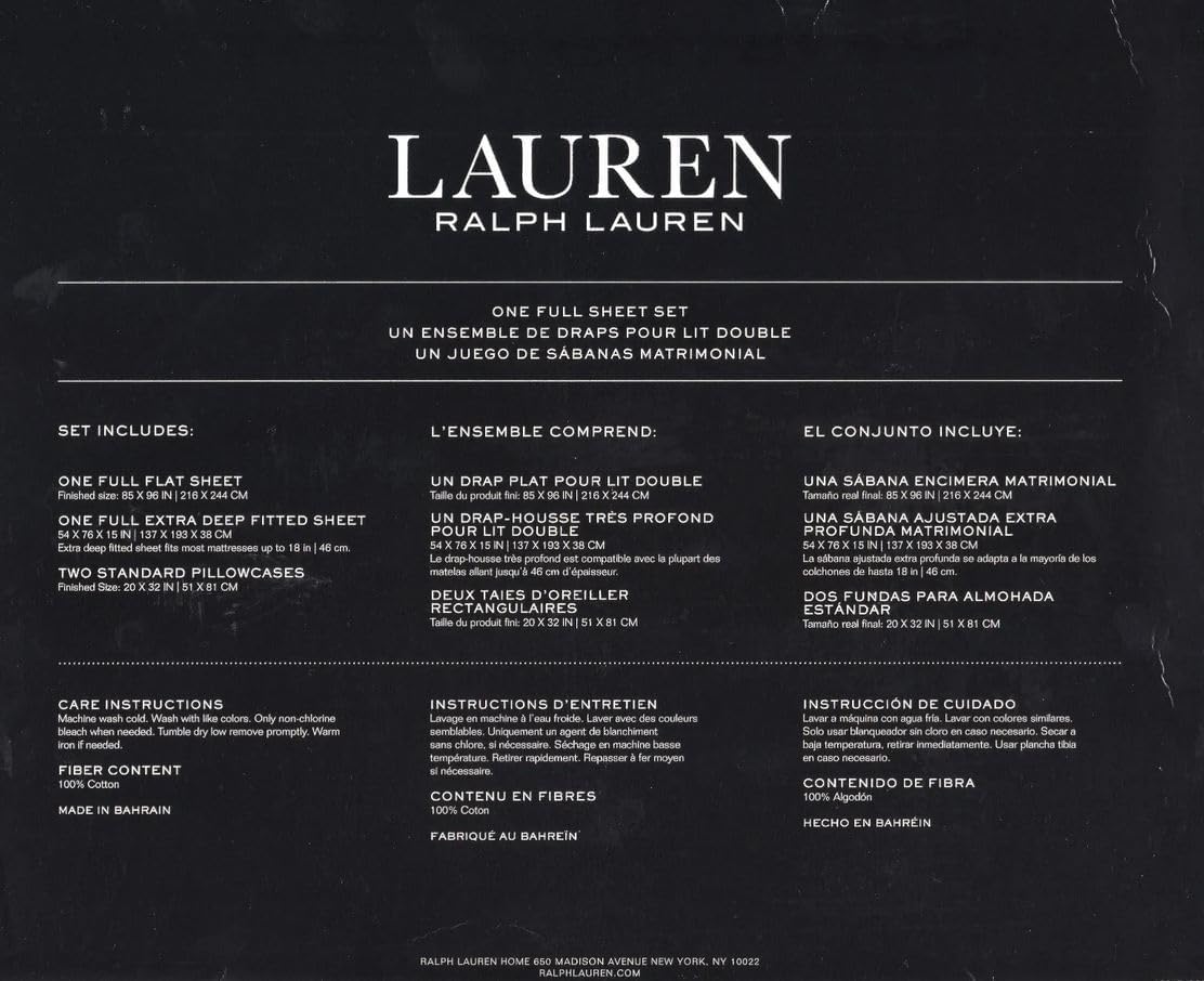 Lauren Ralph 4 pc Full Printed Sheet Set 100% Crisp Cooling Cotton (Multi Grey Plaid)