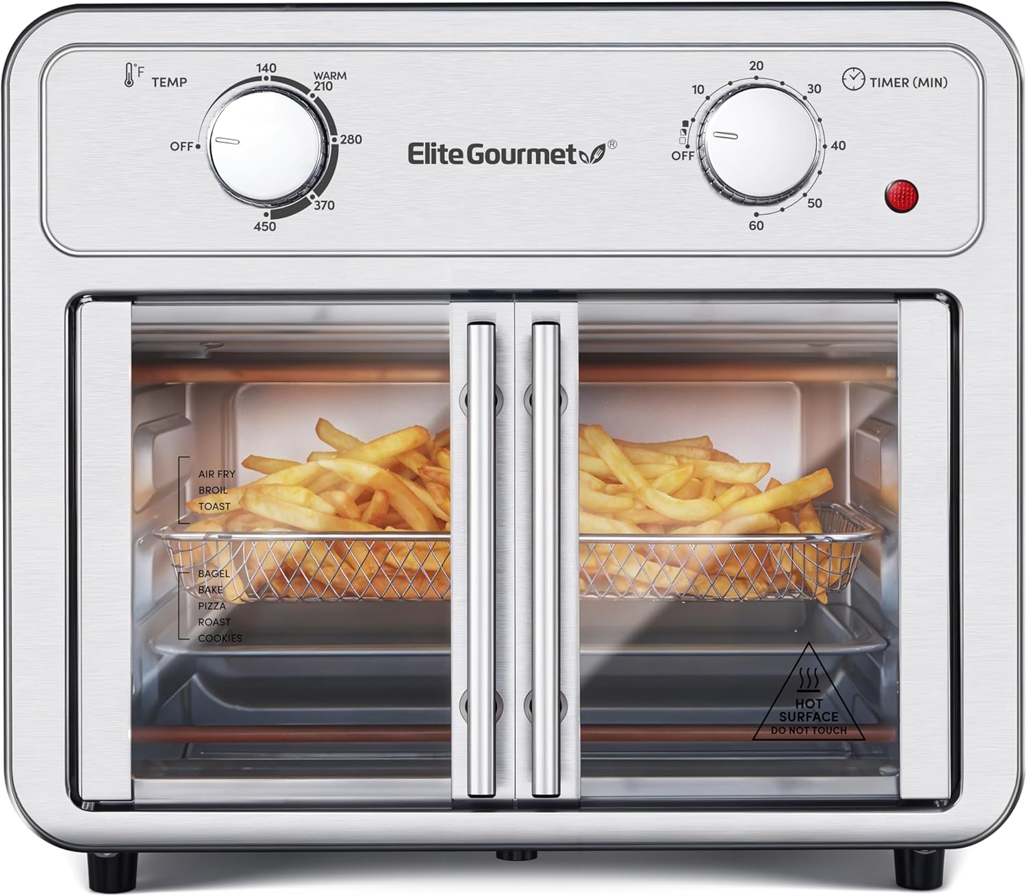 Elite Gourmet EAF1222SS Air Fryer Oven Double French Doors, Bake, Grill, Roast, Broil, Rotisserie, Toast, Warm, Air Fry, Dehydrate, 1500 Watts, with 25 Recipes, 12L. Capacity, Stainless Steel