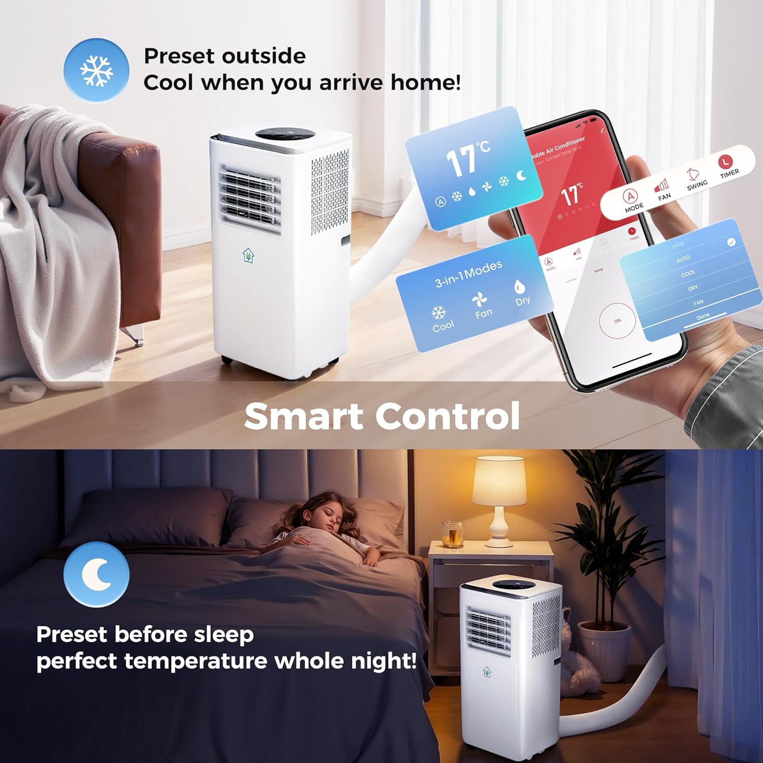 2025 Upgraded Portable Air Conditioner,8,000 BTU Portable AC Unit with Built-in Cool, 3-in-1 Cooling Fan & Dehumidifier for Rooms up to 350 Sq. Ft.,Smart APP and Remote Control,2 Speed,24H Timer