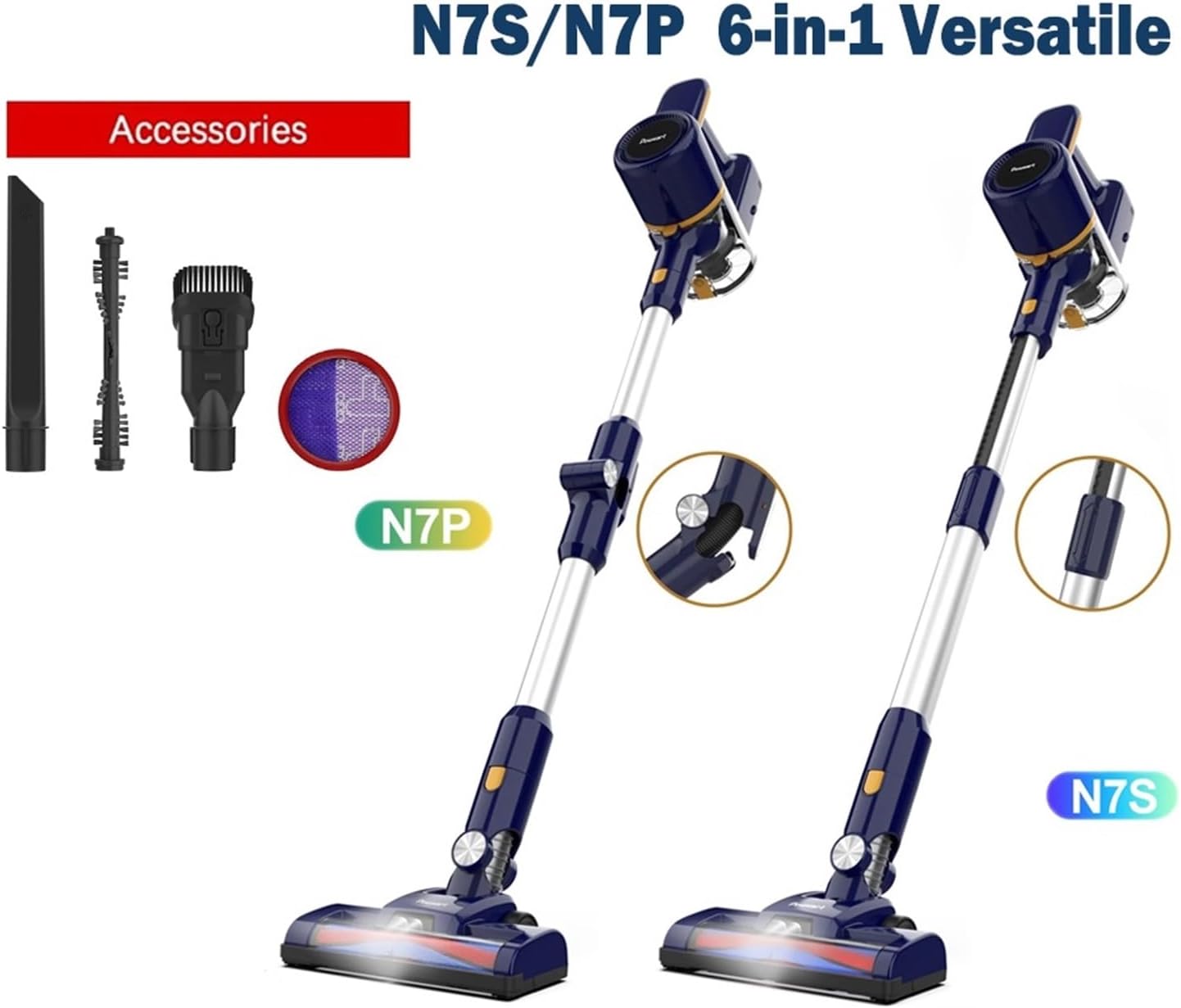 Stick Vacuum Cleaner, 20KPa Powerful Suction, 6-in-1 Cordless Vacuum, 180° Foldable Tube, Lightweight For Hard Floor Carpet Pet Hair Car Home Cleaning(N7S Blue)