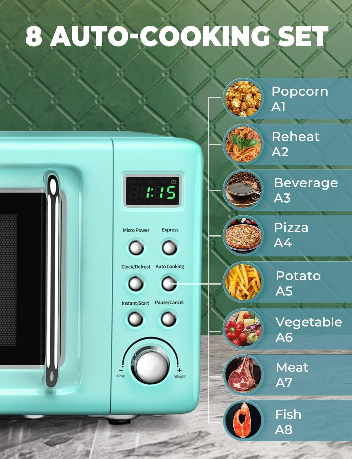 SIMOE Countertop Retro Microwave Oven, 0.7 Cu Ft Small Microwave with Defrost, 5 Micro Power, 8 Auto-cooking Set & Child Lock, Compact Microwave w/ 60min Timer, LED Display, 700W, Mint Green