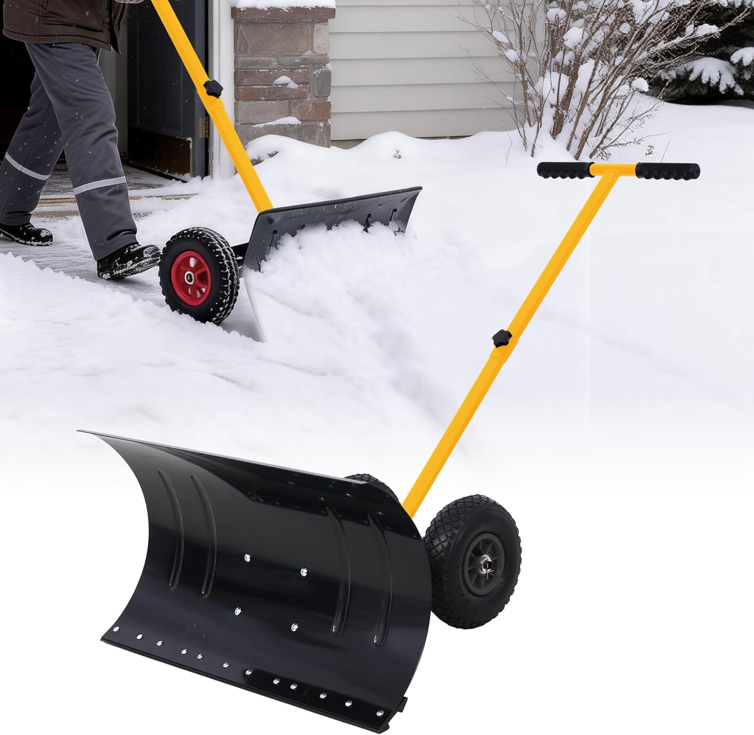 Snow Shovel with Wheels 29-Inchb Wide Blade Heavy-Duty Snow Pusher Ice Snow Removal Tools for Driveway Sidewalk Adjustable Handle and Angle Blade Yellow