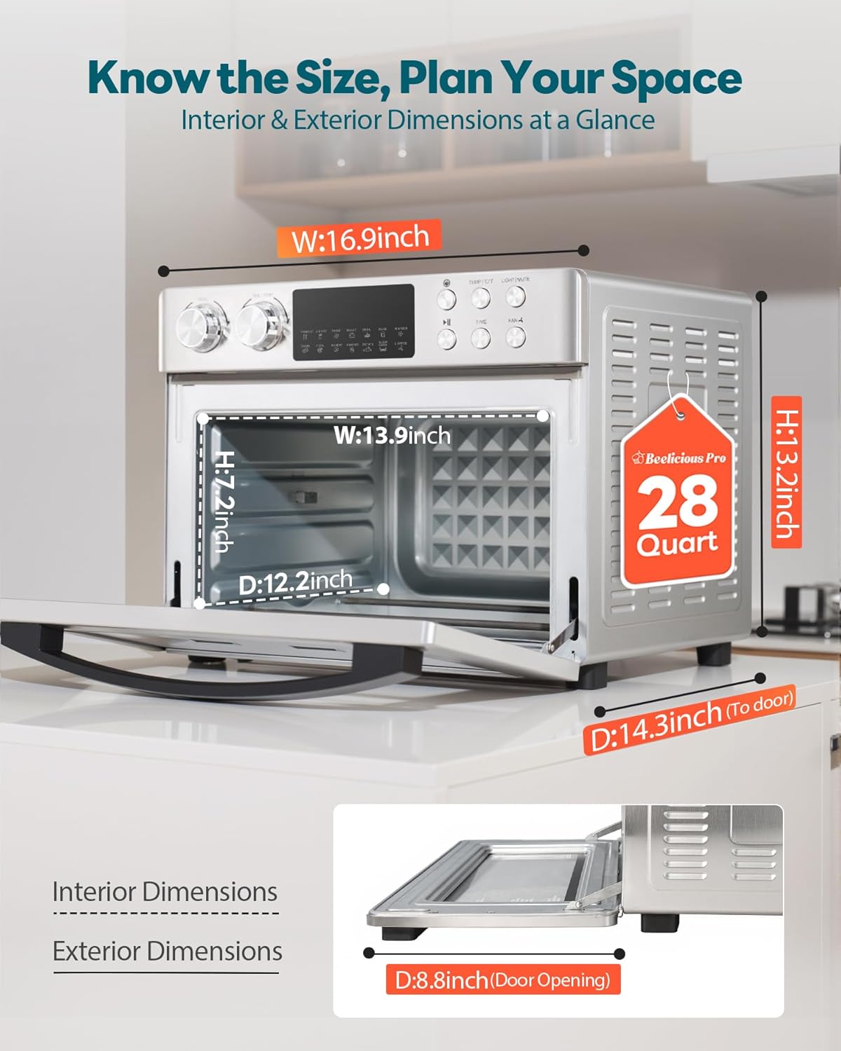 28QT Air Fryer Toaster Oven Combo, Large 12-in-1 Convection Countertop Oven with 3-Layer Cooking, Rotisserie for Chicken, 6 Heating Tubes, Fast Preheat, Fit 11