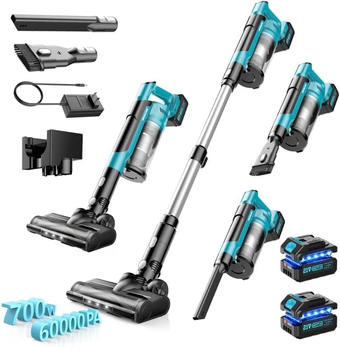 Cordless Vacuum Cleaner with 2 * 4000mAh Batteries, 700W 60Kpa Vacuum Cleaners for Home, 6 in 1 Cordless Stick Vacuum Clearner, Brushless Motor with Led Display for Hard Floors Carpet Pet Hair