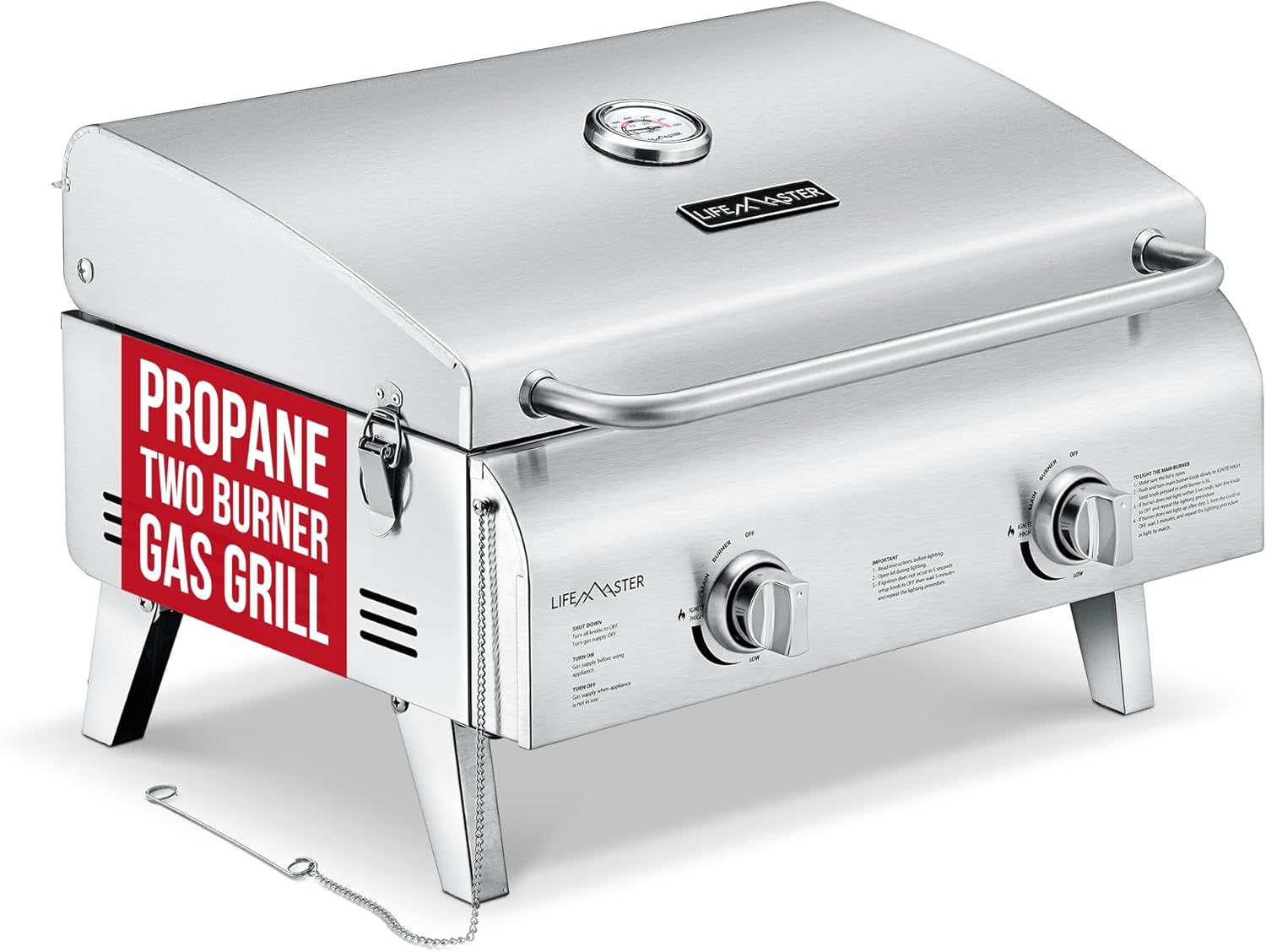 Stainless Steel Gas Grill, Dual 10,000 BTU Burners, 275 Sq.In Cooking Space, Push-to-Start Ignition, Wind-Proof Lid with Built-in Thermometer, Perfect for Camping Tailgates & Backyard BBQ Cookouts