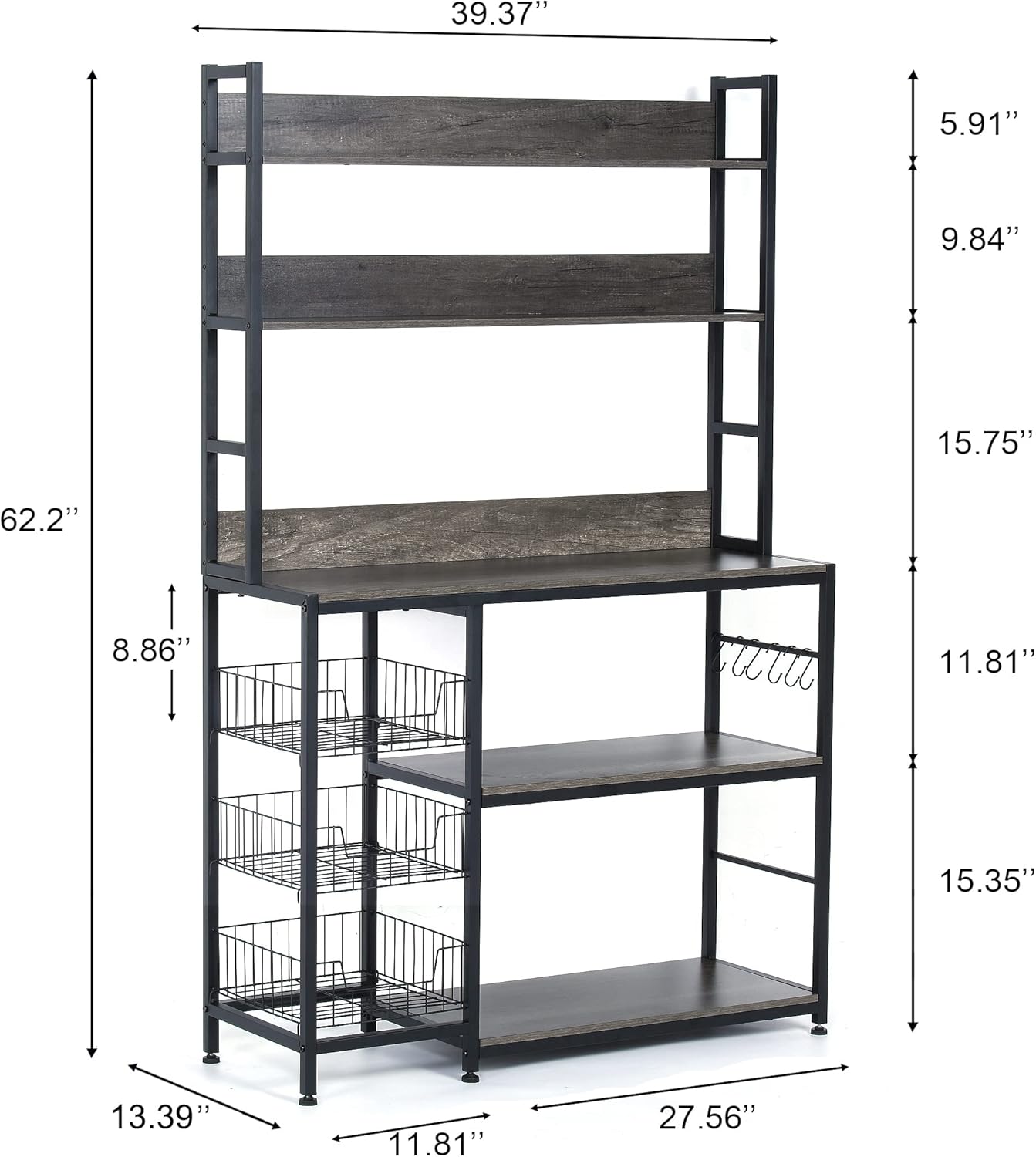 Kitchen Bakers Rack with Baskets,5-Tier Utility Storage Shelf with Hooks, Microwave Oven Stand Rack, Free Standing Kitchen Shelf Vintage Grey