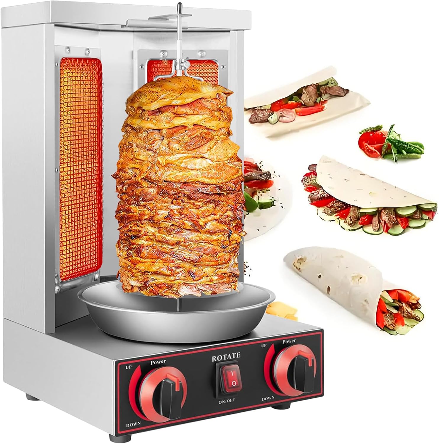 Electric Shawarma Grill Machine, 122°F-572°F, 17lbs Capacity, Stainless Steel Vertical Broiler with 2 Burners, Chicken Gyro Cooker for Home & Commercial Use, 110V
