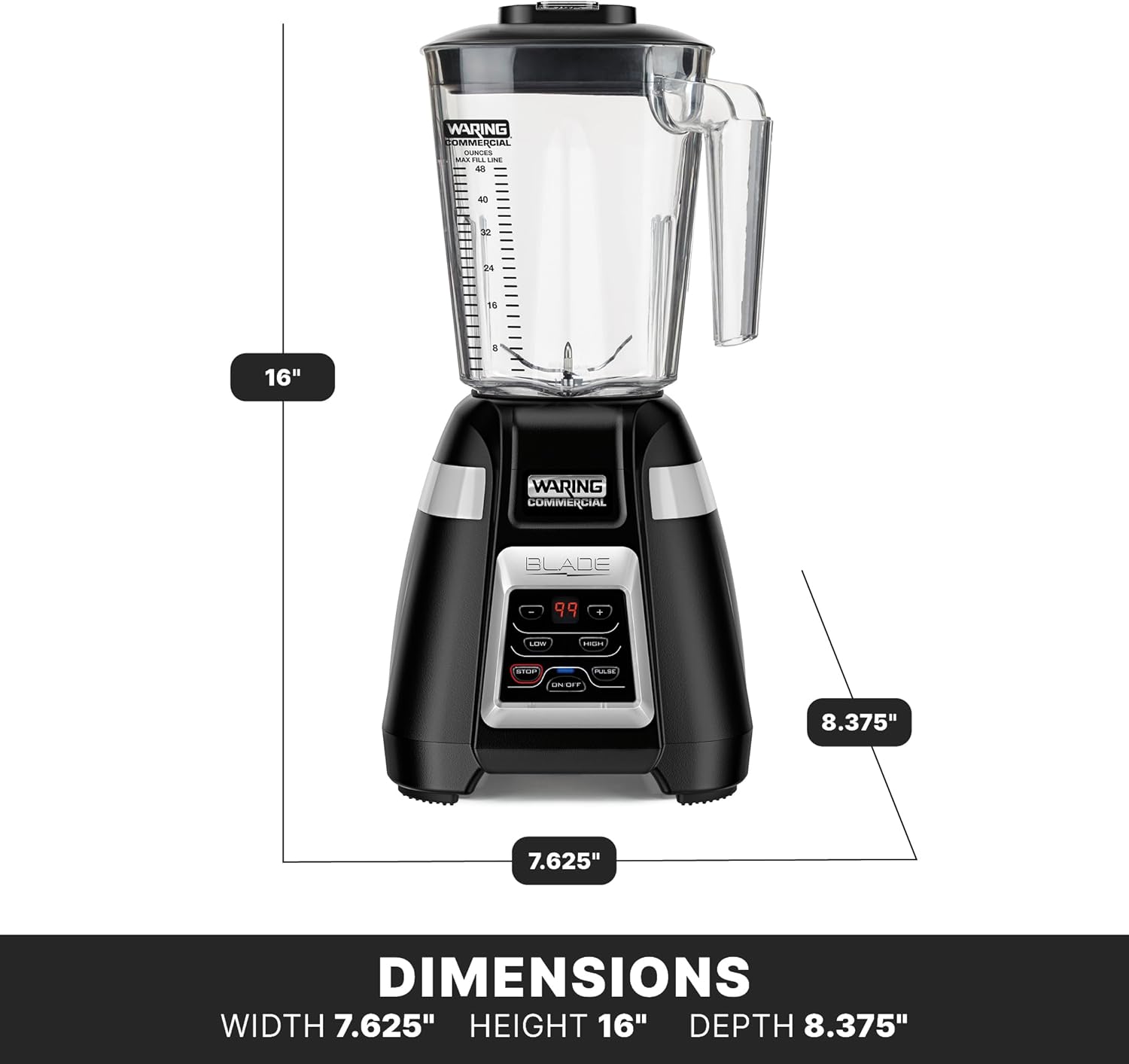 Waring Commercial BB340 Blade 1 HP Blender, 2-Speed Key Pad with Pulse and 99 Second Countdown Timer , 48 oz BPA Free Copolyster Container, 120V, 5-15 Phase Plug, Black
