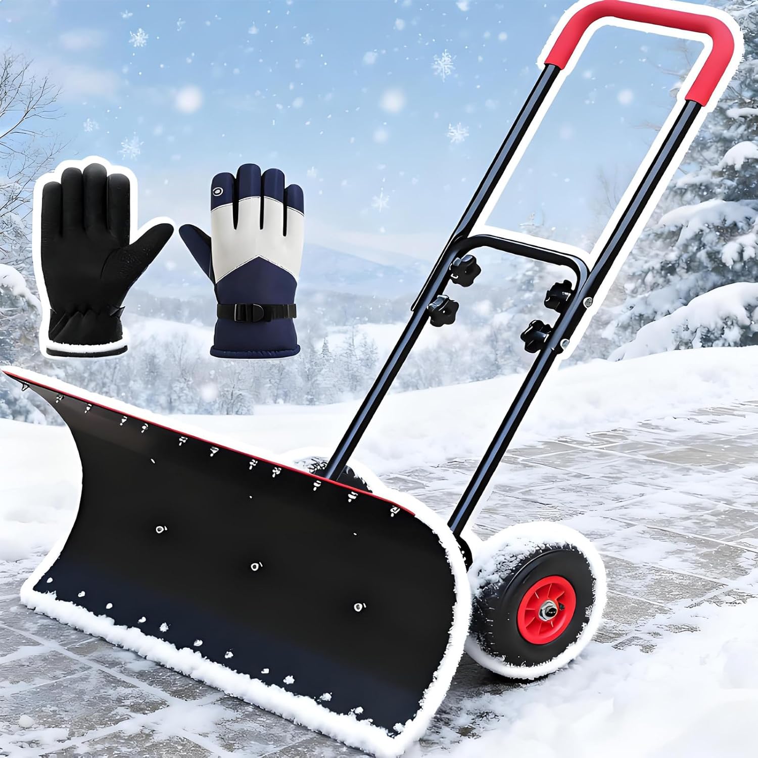 2025 New Snow Shovel W/Wheels - Handheld Dual Pole Snowplow, 2-in-1 Snow and Ice Removal, Clean Width 42 Cm (16.54 in), Adjustable Up and Down, Anti-Skid Tires for Winter