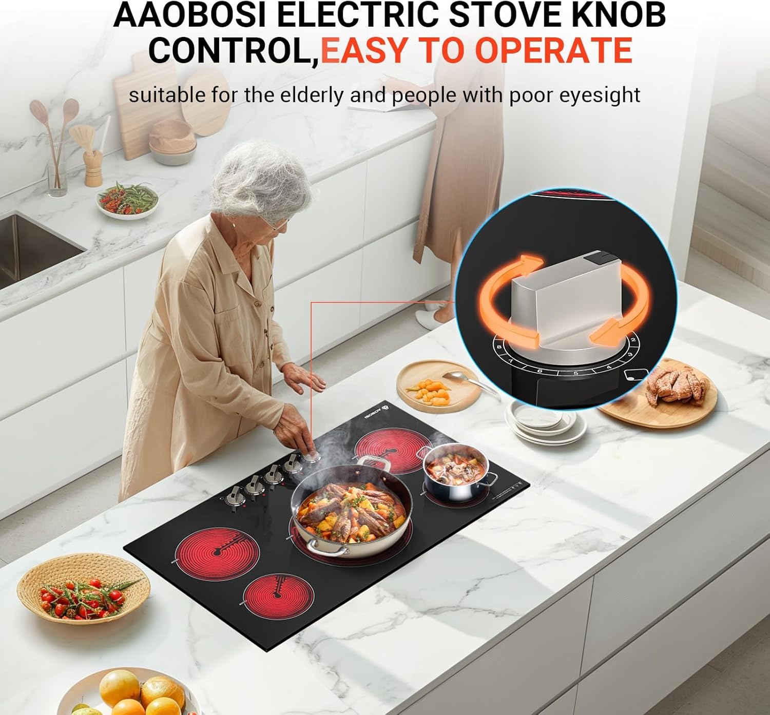 AAOBOSI 36 Inch Electric Cooktop 5 Burners, Upgraded 9000W Knob Control Built-in Ceramic Cooktop,Electric Stove Top,9 Heating Level, Chlid Lock Timer, ETC&FCC 220V~240V for Hard Wire(No Plug)