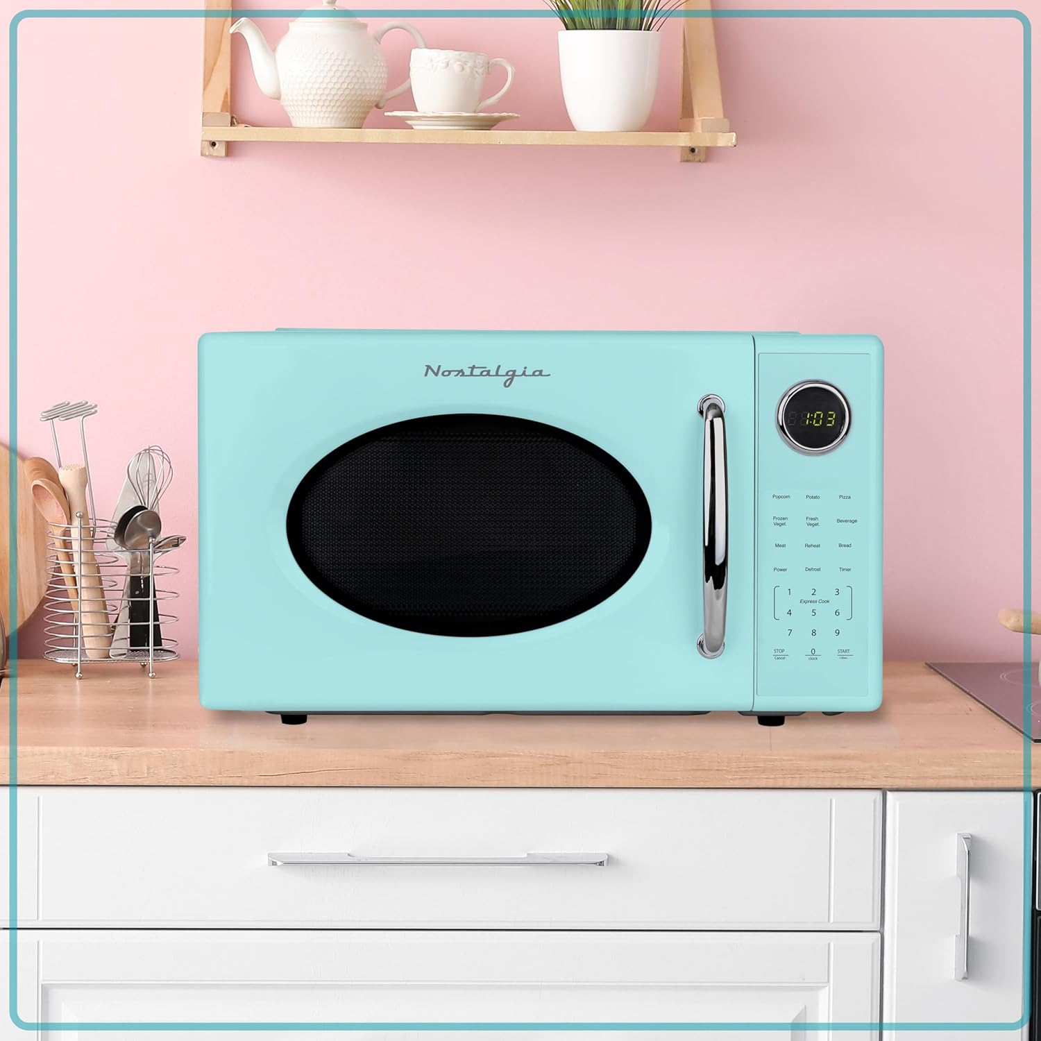 Nostalgia Retro 1000W Microwave Oven 1.1 Cu Ft Capacity – Child Safety Lock, 8 Auto-Cook Settings – Countertop Kitchen Appliance – Aqua