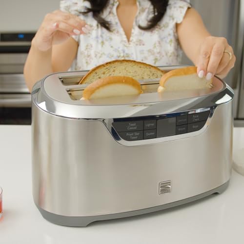Kenmore Toaster 4 Slice - Extra Wide Slot Countertop Kitchen Appliance, Defrost Function, Grille-Pain, 9 Shade Settings, Easy Clean Crumb Tray, Bread Bagel, Stainless Steel & White (Silver)