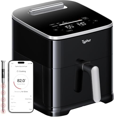 Typhur 8QT Sync Air Fryer with Built-in Wireless Meat Thermometer, 9-in-1 Smart Non Toxic Ceramic Airfryer for Quick Easy Meals, 450°F Max, Cooks 6lb Whole Chicken, Dishwasher Safe, 120V