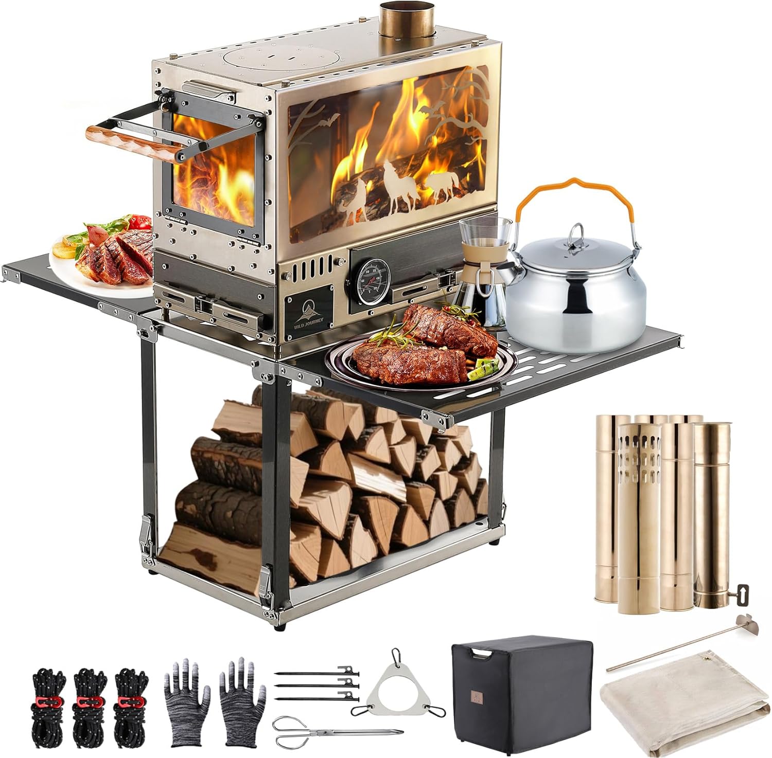 Heavy Duty M8 Wood Burning Stove with Oven, 2100 Cu In Large Firebox,4 Air Inlets, Stainless Steel, Foldable Base & Ash Drawer, 6-Piece Chimney Pipe Kit for Outdoor Cooking, Camping, Off-Grid