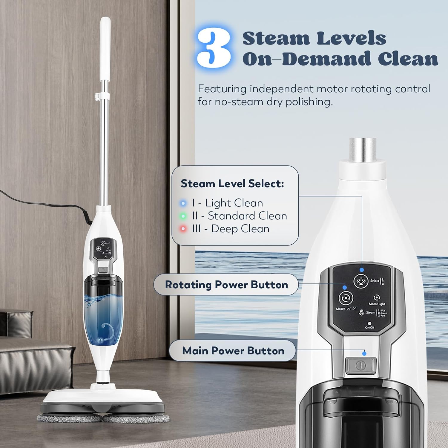 Moongiantgo Scrubbing Steam Mop for Hardwood Floors, Handheld Spin Mop with 3 Steam Modes Rotating Mop Pads, Electric Floor Scrubber Machine Detachable Steam Cleaner Mop for Grout and Tile Floors (A)