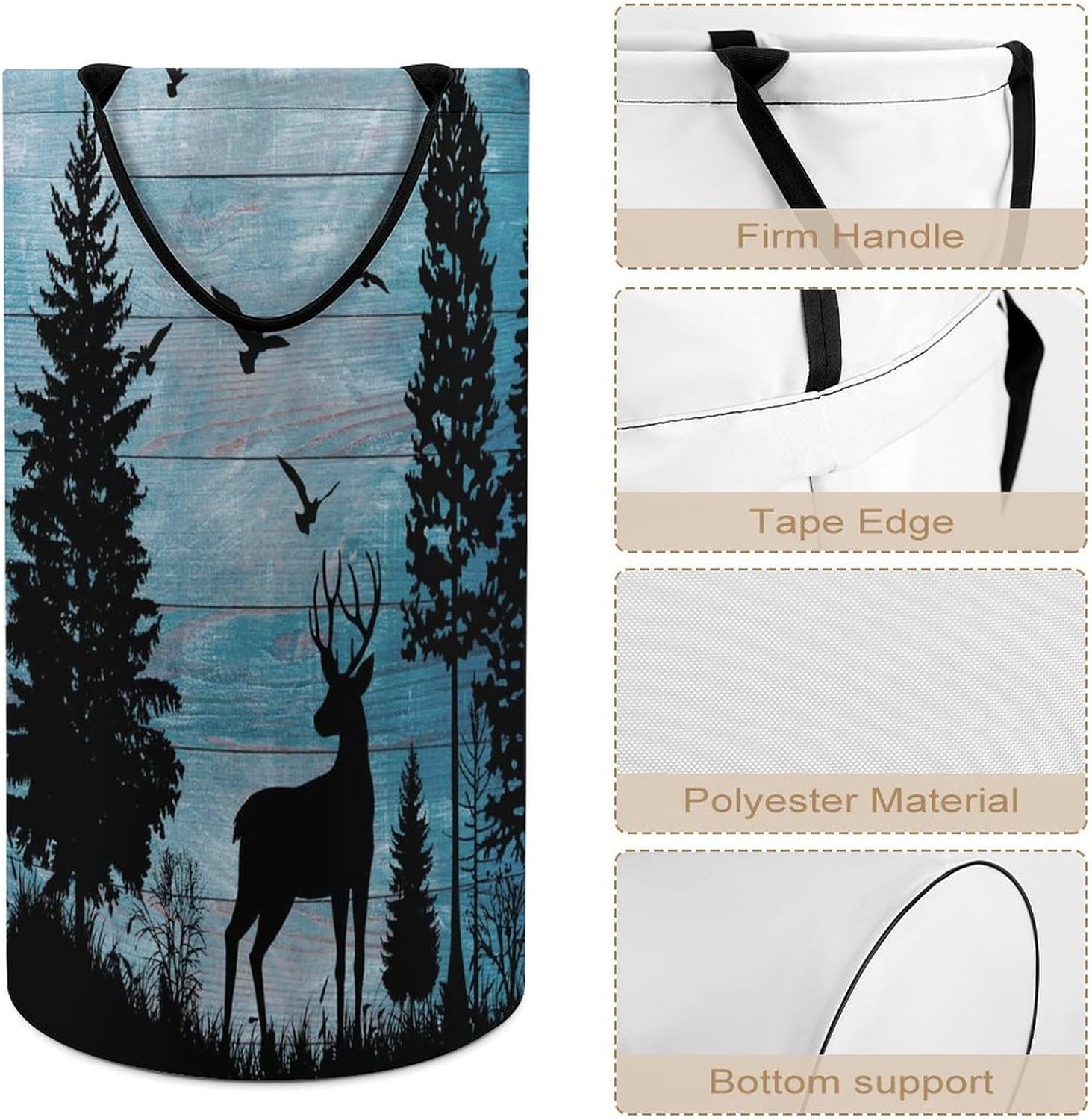 Rustic Forest Wood Board Deer Laundry Hamper Dirty Clothes,Abstract Hunting Theme Jungle Wildlife Silhouette Deer Bird Large Laundry Basket Storage Basket For Bathroom 15.7W
