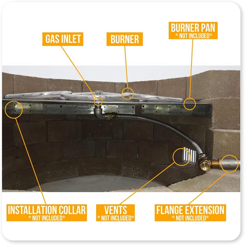 HPC Square Match Lit Fire Pit Burner Kit with 48x48-Inch Stainless Steel Burner and 54x54-Inch Flat Pan, Natural Gas, Polished Chrome, with Flange, Key, Valve, Flex Line and Fittings
