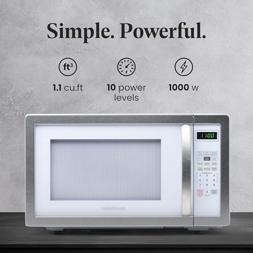 Farberware 1.1 Cu. Ft. Countertop Microwave Oven – 1000 Watts Power, Auto Cook Settings, Defrost, Easy Clean and Child Safety Lock - White Platinum