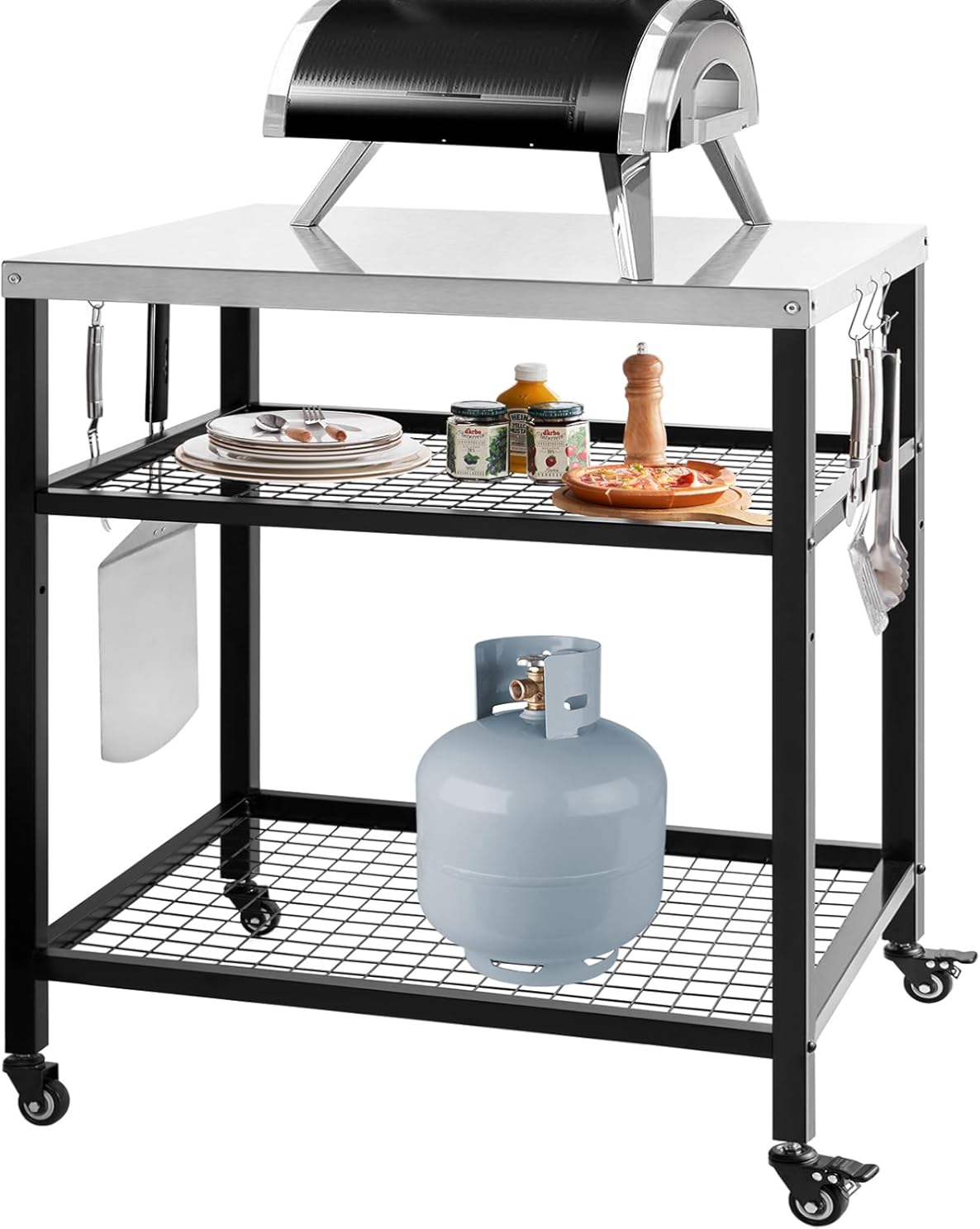 Stainless Steel Outdoor Grill Cart Pizza Oven Stand Trolley Table with Wheels Three-Shelf Movable Food Prep and Work Table Heavy Duty Grill Carts Outdoor Cart 31.5
