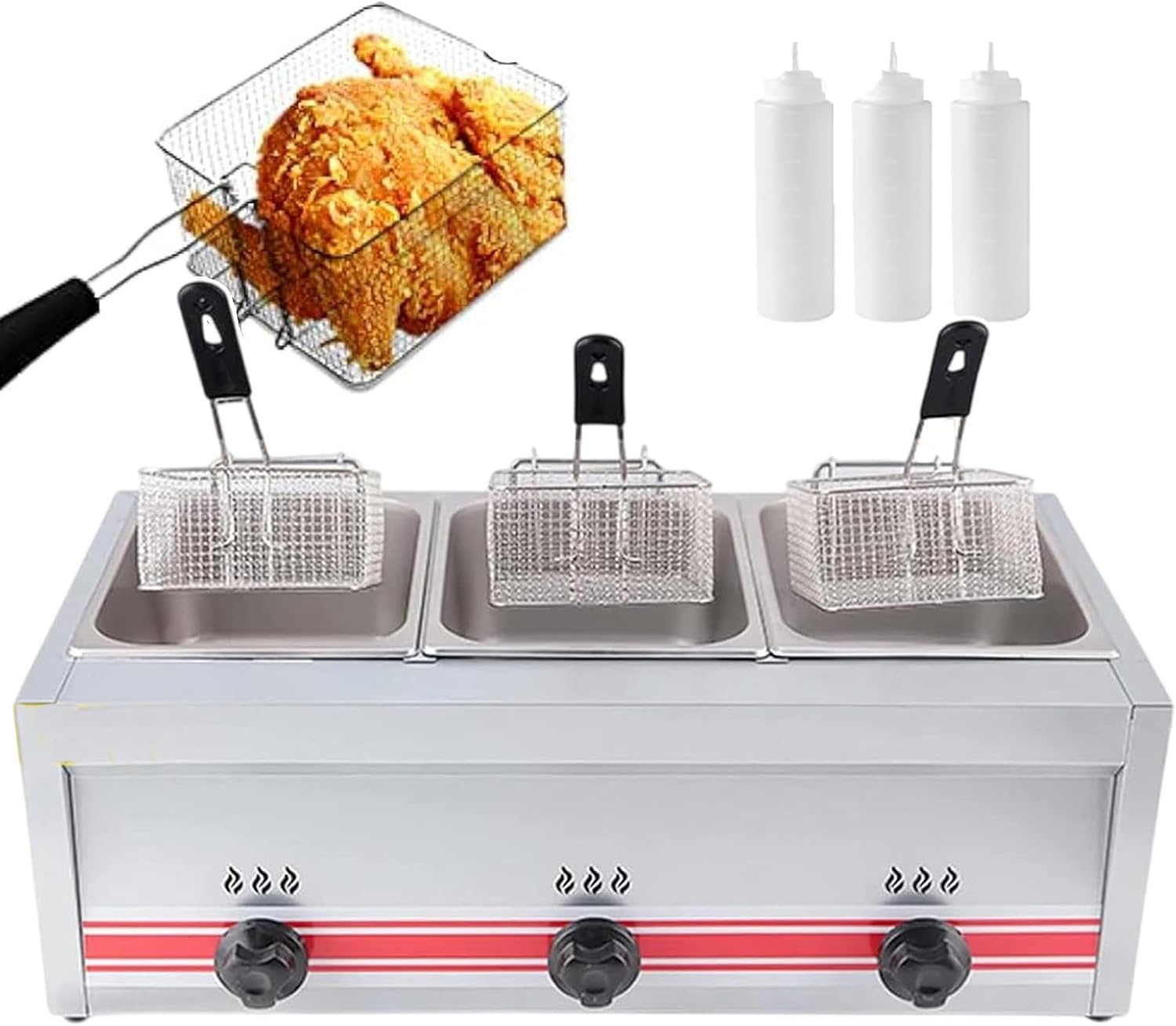 Chip and Noodle Stick Fryer Freestanding Commercial Gas Fryer - Temperature Control/Electronic Pulse Ignition, Perfect for French Fry, Chicken Steaks, Sausage, Snack