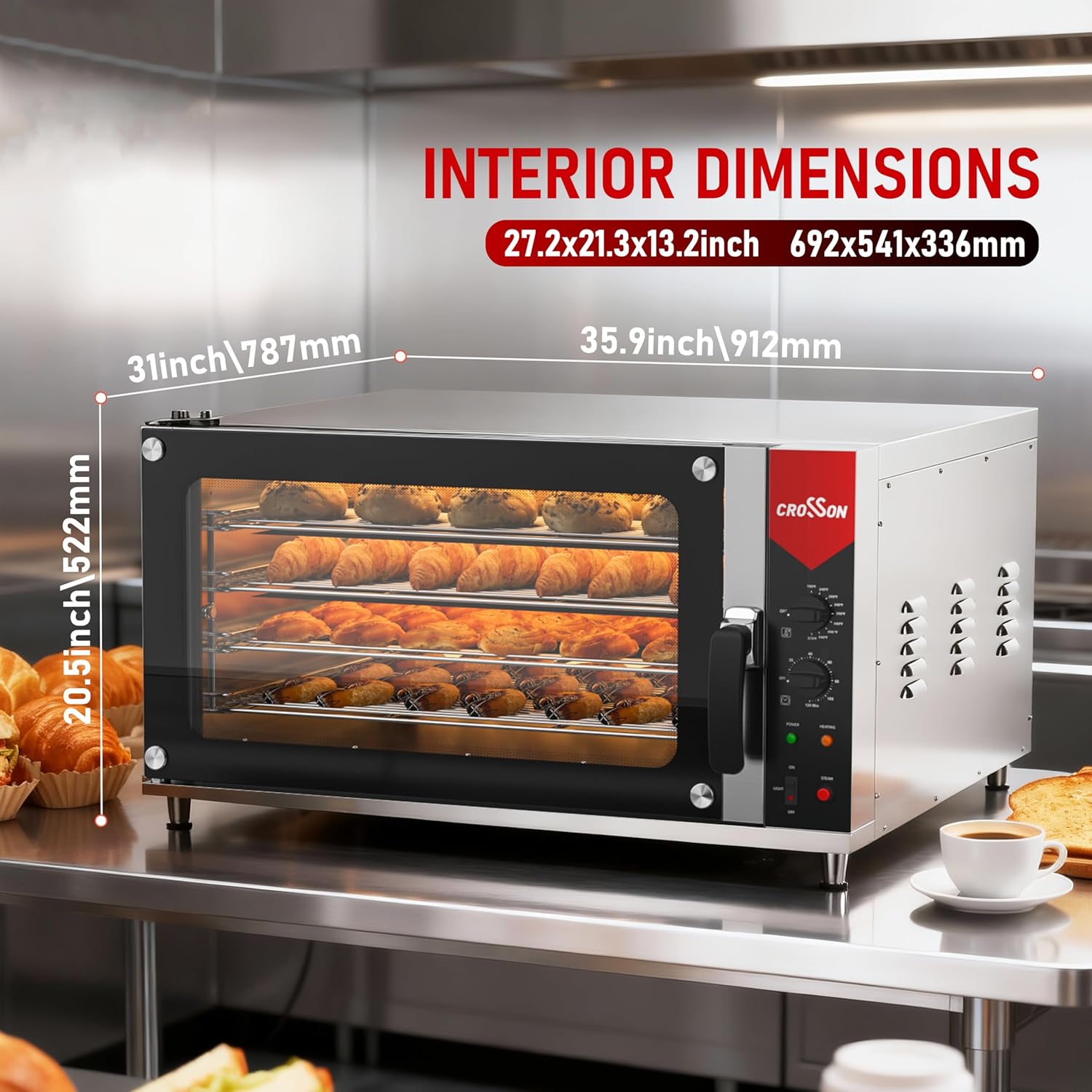 CROSSON Commercial Convection Oven Full Size 125L/4.4 cu.ft.,240V/4500W Conventional Oven Countertop 4-Tier Commercial Toaster oven w/Front Glass Door, w/Trays Wire for Restaurant Bakery