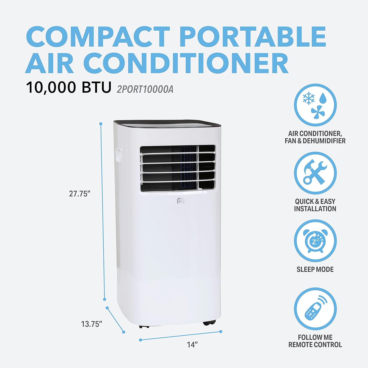 PerfectAire 2PORT10000A 10,000 BTU/7,000 SACC Compact Portable Air Conditioner with Full-Function Remote for Small to Medium Rooms, White, 115V - CEC