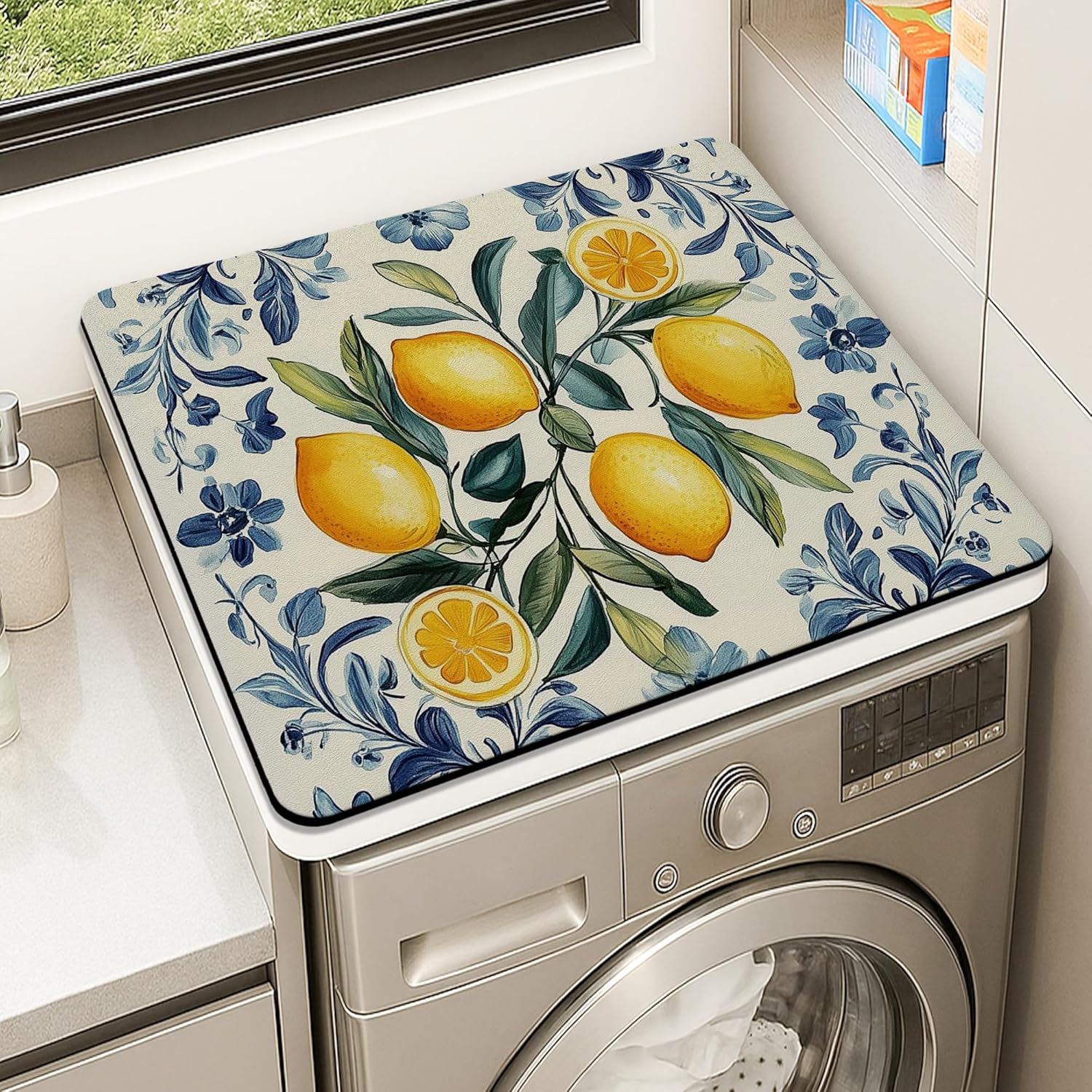 Lemon Blossom Washer Dryer Top Protector Mat, Vintage Botanical Laundry Machine Dust Covers, Summer Floral Rubber Anti-slip Waterproof Washer And Dryer Mats for Home 24x24 Inch